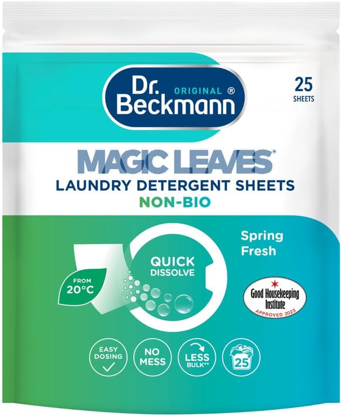 Dr. Beckmann MAGIC LEAVES Laundry Detergent Sheets NON-BIO , Convenient and pre-dosed laundry detergent sheets , Dissolvable climate neutral and easy to use , 25 sheets.