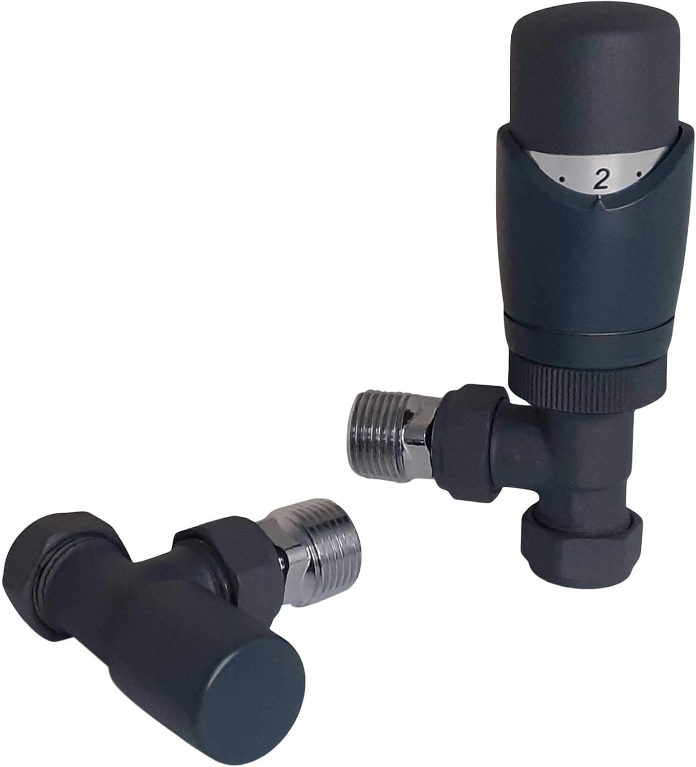 Anthracite Radiator Valves - Thermostatic Radiator Valve Set for a Vertical Radiator - Angled Radiator Valves including an Angled TRV & Lockshield Valve | Sidato Caldo.