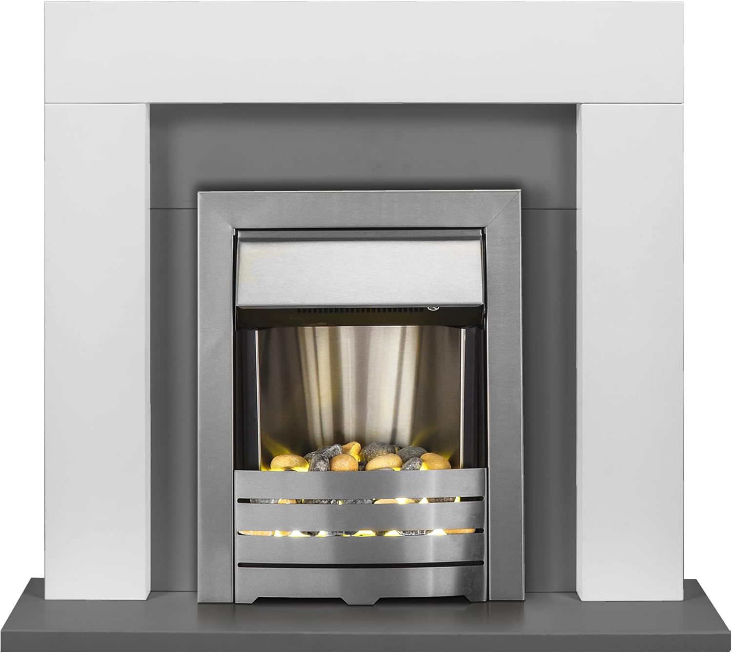 Adam Dakota Fireplace in Pure White & Grey with Helios Electric Fire in Brushed Steel, 39 Inch.