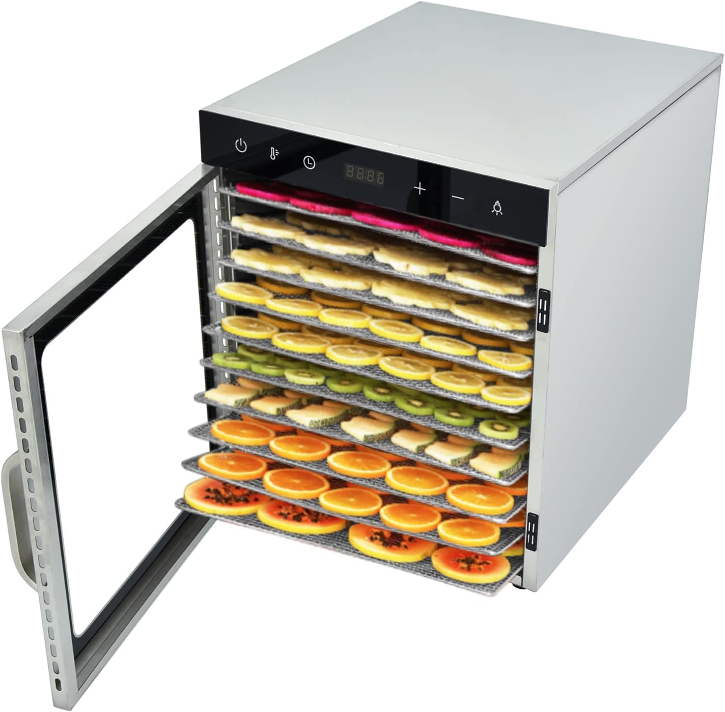 TAIMIKO 6/10 Trays Commercial Food Dehydrator Machine Stainless Steel Digital Adjustable Timer 30-90 C° Temperature Control,Visible Window,LED Touch Panel,Drying Fruit,Meat and Vegetables(10 Trays).