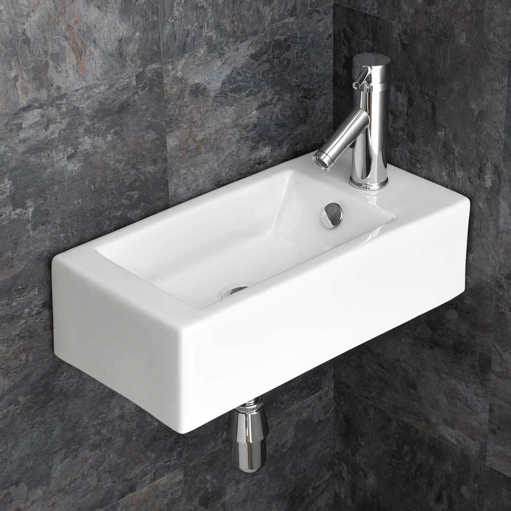 Slim Narrow Wall Mounted Rectangular Sink Cloakroom White Ceramic Basin Right Hand 500mm X 245mm Lucca.