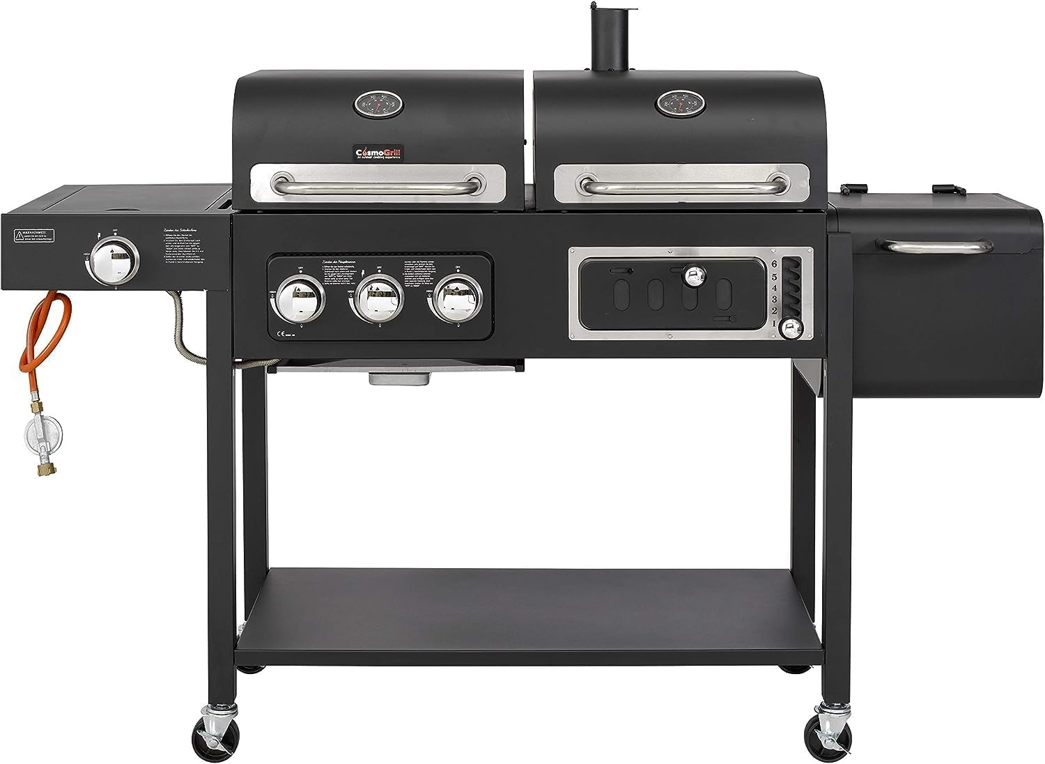 CosmoGrill Hybrid 4 Burner Barbecue DUO Dual Fuel 3+1 Gas Grill and Charcoal Smoker with Waterproof Cover, Built-in Temperature Gauge for Home Garden Party Outdoor BBQ Cooking.