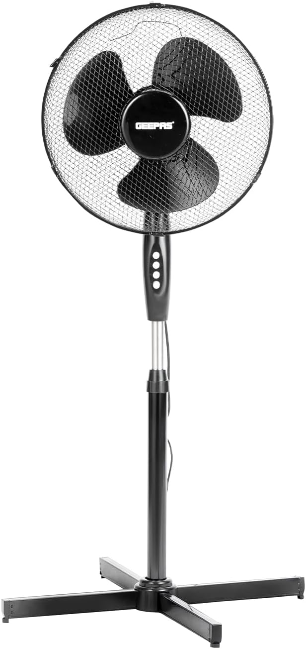 GEEPAS 16’’ Pedestal Fan – 45W Powerful Free-Standing Oscillating and Tilting Cooling Fan – Height Adjustable, Rotating & Static Feature - 3-Speed, 3-Blade Floor Fan for Home or Office Use, Grey.