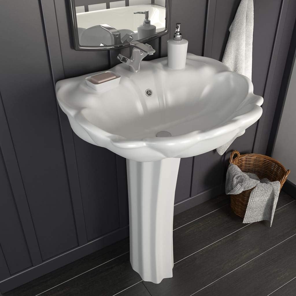 Brokky Freestanding Basin with Pedestal Ceramic White 580x510x200mm,Ceramic Cloakroom Basin Hand Washing Sink,Modern Design Gloss CounterT O P Basin Cloakroom Sink for Bathroom Lavatory,Vanity Cabinet.