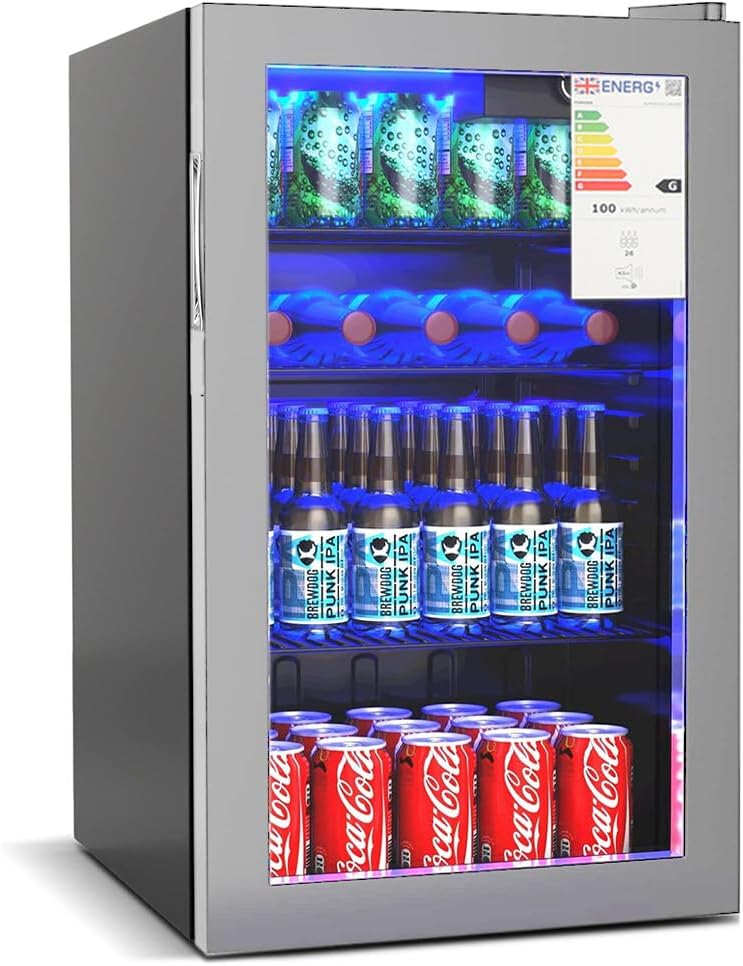 Panana Under Counter Beer & Drinks Fridge-90L Capacity,Holds up to 115 Cans, Premium Temperature Performance (2℃ to 15℃), Full Length Low-E Glass, Removable Shelves, LED Light, Low Noise.