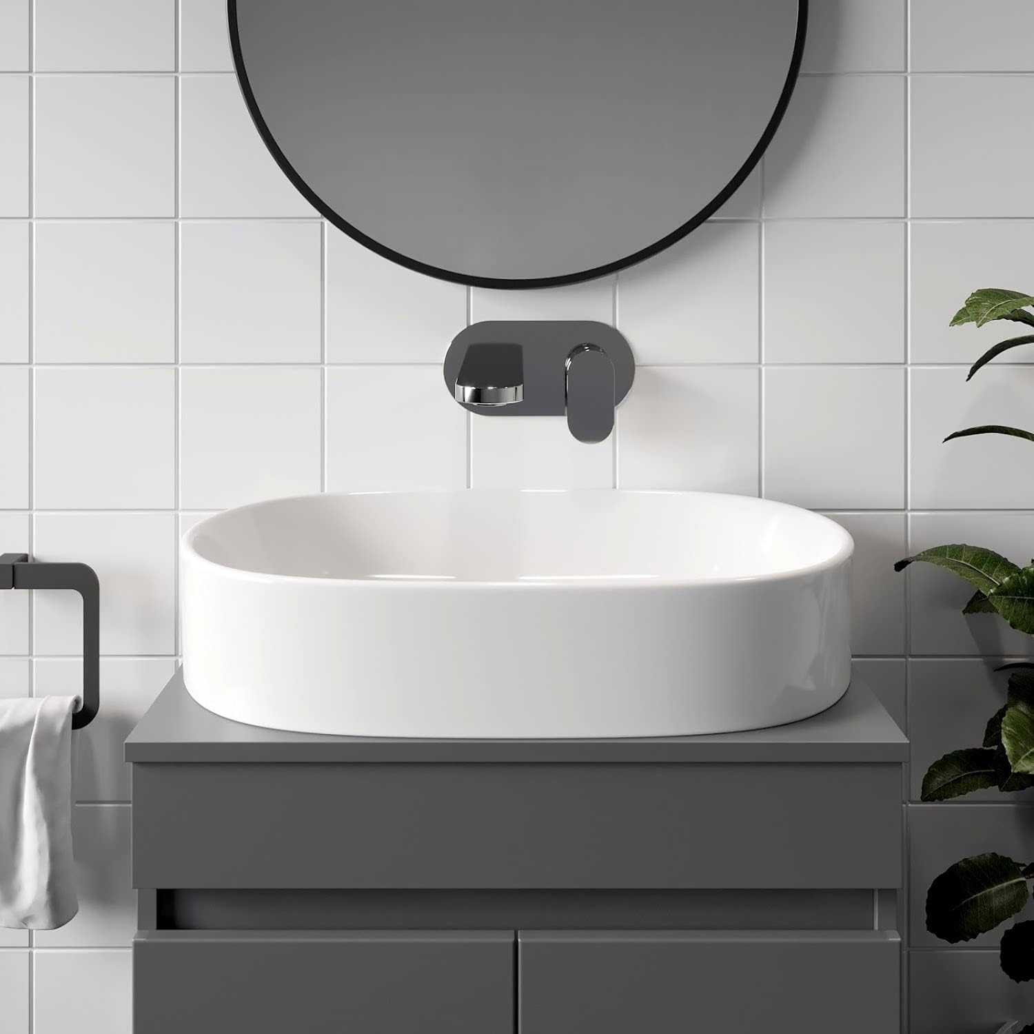 Affine® Countertop Basin for Bathroom and Cloakroom Hand Wash Basins Sink Modern White Gloss Oval, 600 x 380mm.