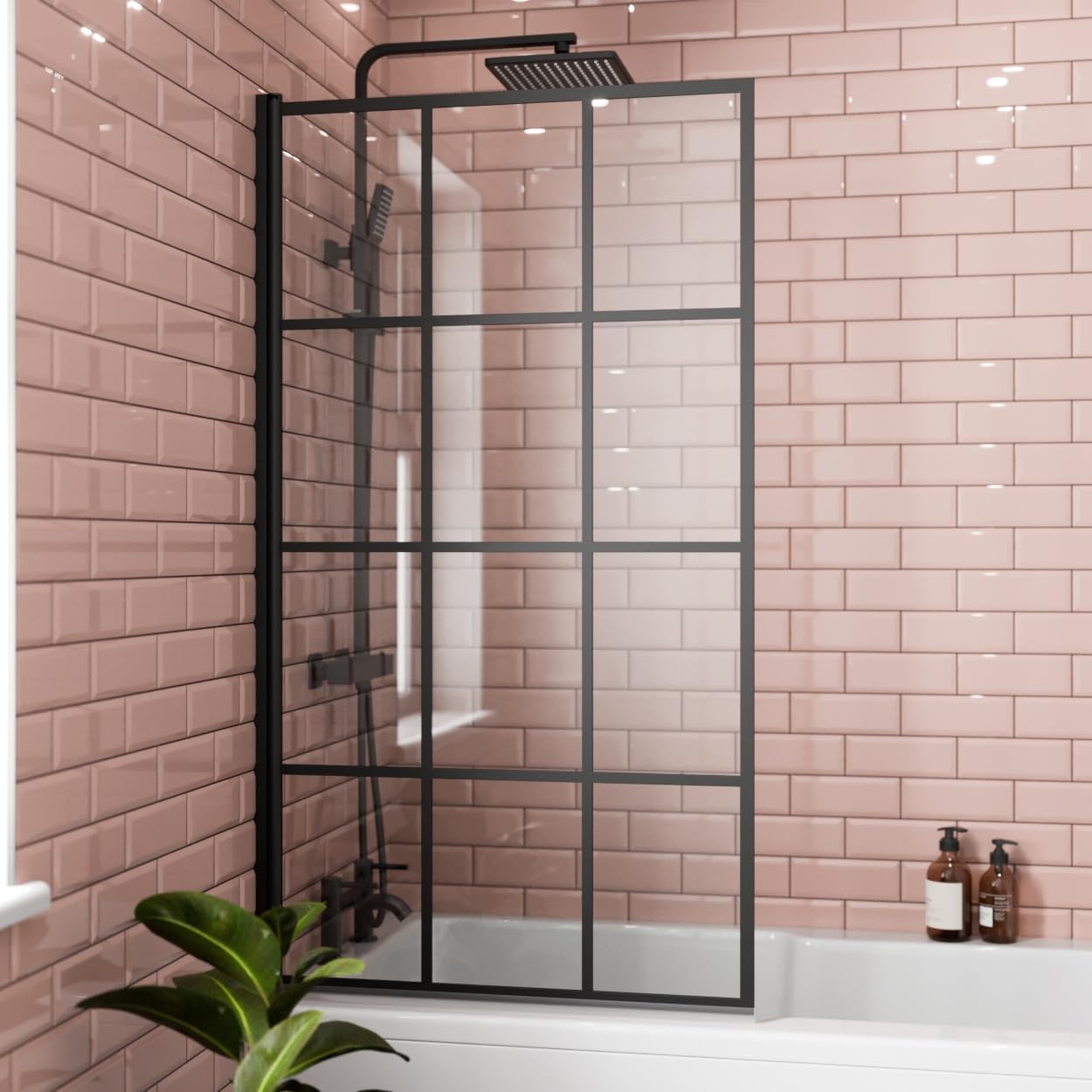 LUXURA® 1400 x 800mm Black Square Grid Over Bath Shower Screen Door 6mm Clear Toughened Safety Glass Panel 180° Pivot Bathroom Hinged Framed Bath Screens.