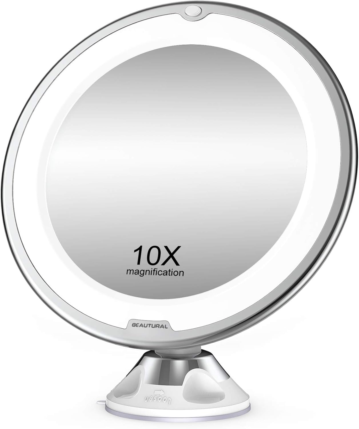 BEAUTURAL Makeup Mirror, 10X Magnifying Lighted Vanity Daylight White LED, Portable Illuminated Bathroom Mirror, 360 Degree Swivel Rotation and Locking Suction.