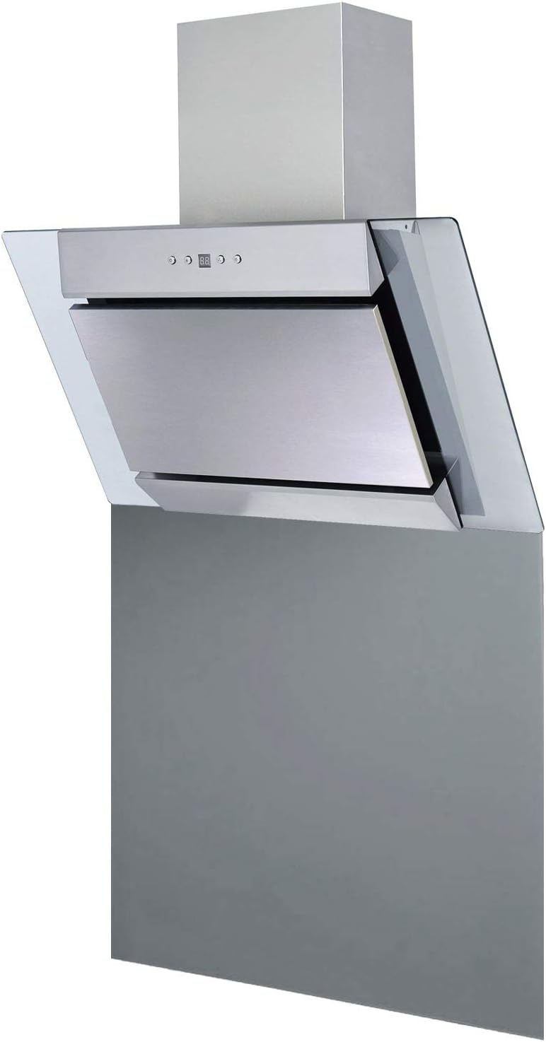 SIA AGL71SS 70cm Angled Stainless Steel & Clear Glass Chimney Cooker Hood Kitchen Extractor Fan & SP70GY Toughened Grey Glass Splashback 70cm x 75cm.