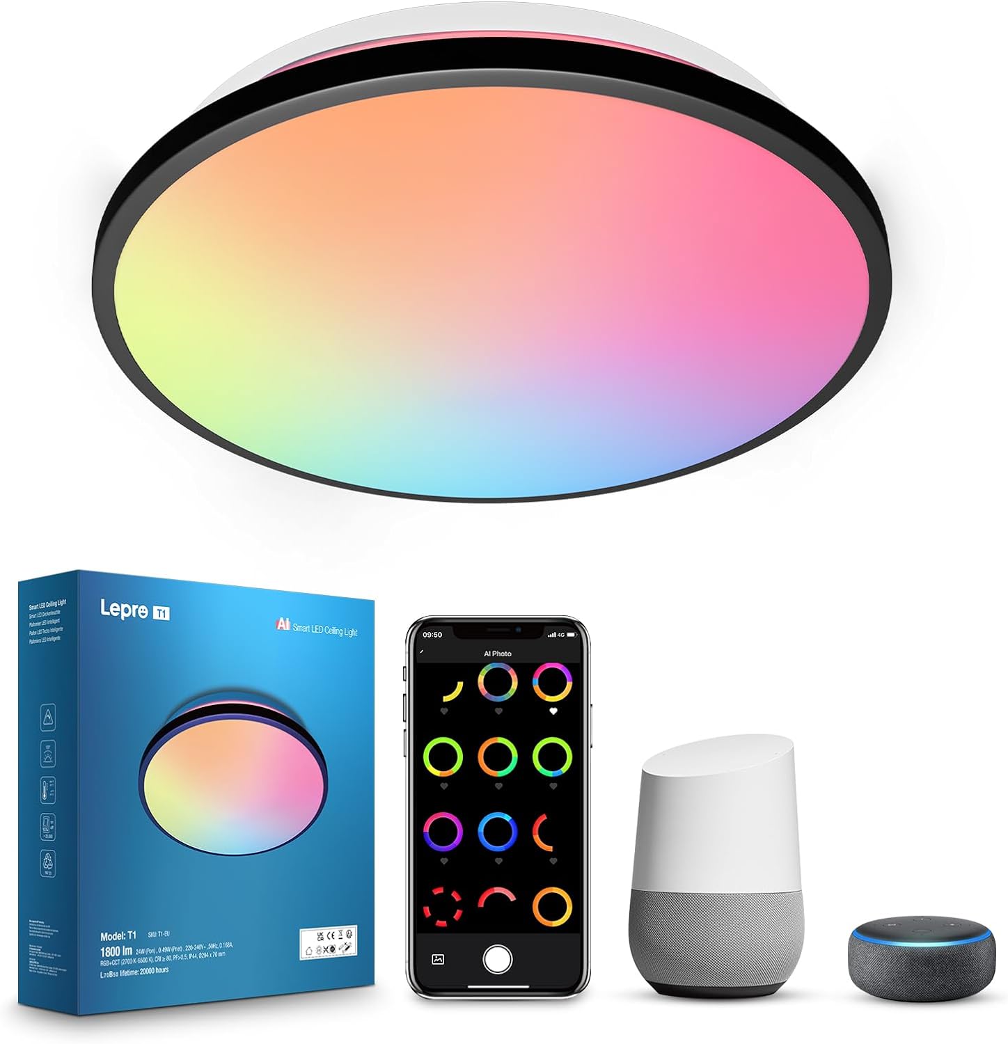 Lepro T1 AI Smart Ceiling Light 24W, Music Sync, AI Generated Lighting, Voice Control, Waterproof Bathroom Light, Dynamic Color Changing Ceiling Light WiFi, Work with Alexa Google Assistant, Ø29.4CM.