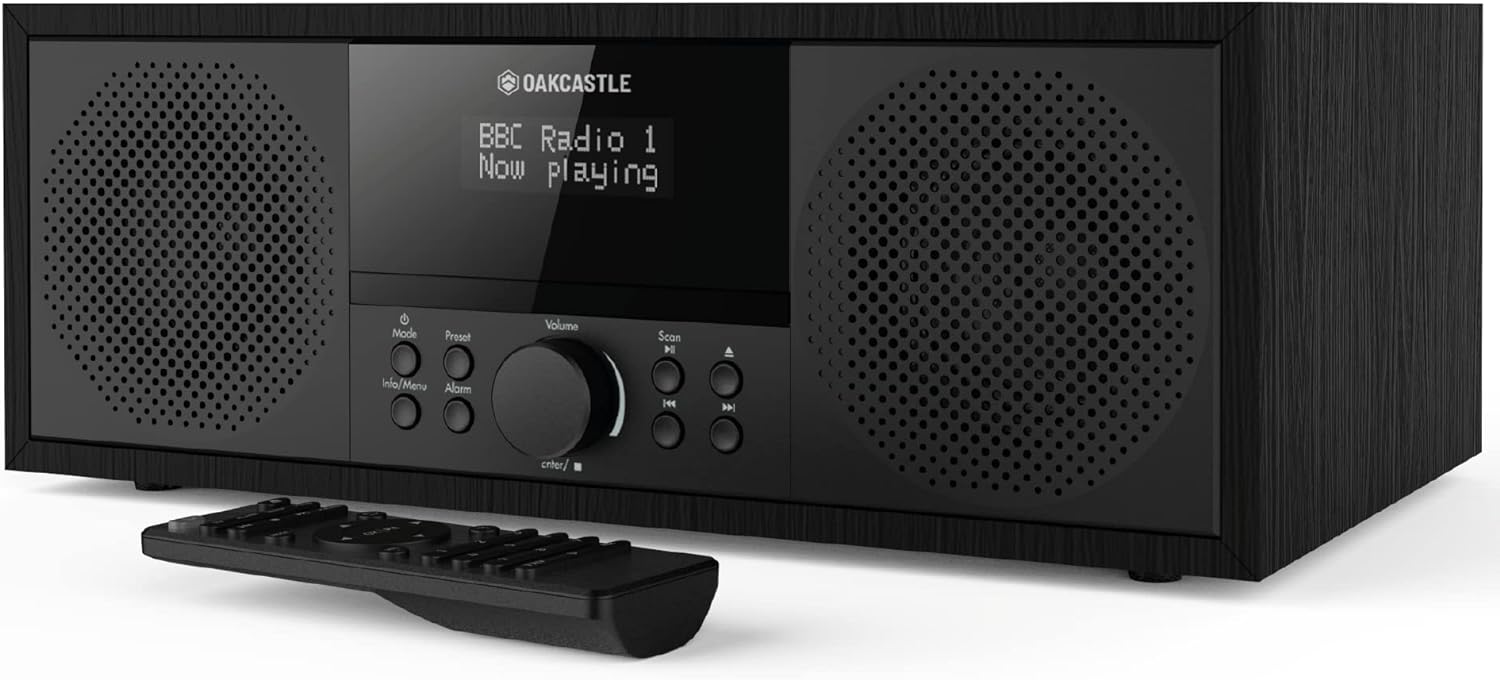 Bluetooth DAB+ Radio & CD Player | Mains Powered 60 Watt Stereo Hifi System for Home | Inbuilt Speakers, LED Display | Dual Alarm, 20 Presets & FM | USB, MP3, AUX | Remote Control | OAKCASTLE DAB500.