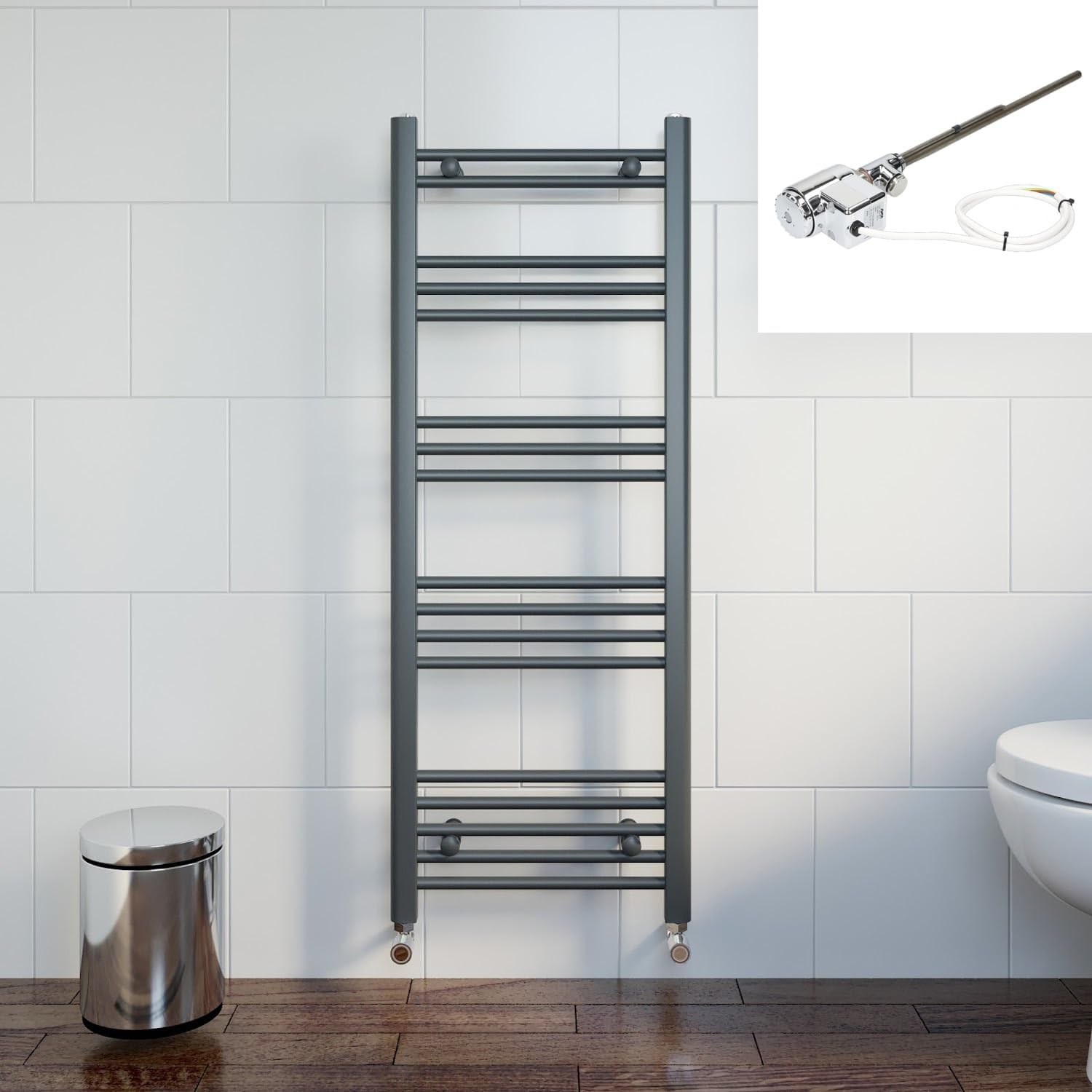 DuraTherm® 1200 x 450mm Flat Straight Heated Towel Rail Radiator Dual Fuel Bathroom Warmer Wall Mounted Ladder Rad Anthracite Thermostatic, 300W.