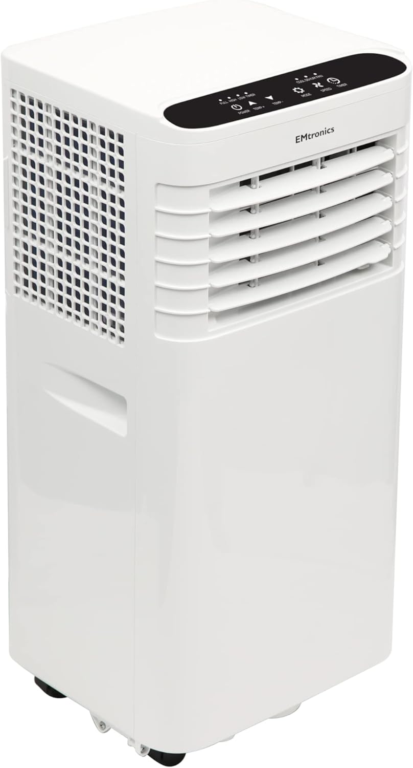 EMtronics Dehumidifier and 3-in-1 Portable Air Conditioner 7000BTU, Cooling Fan with Remote Control, 24 Hour Timer, 27 Sqm 7K BTU and Air Con Window Vent Kit - White.