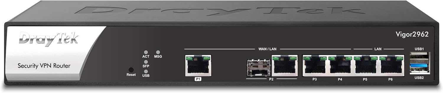 DrayTek Vigor 2962 2.5Gb Ethernet Dual-WAN Broadband Firewall Router, 200 VPN Tunnels, 2.5G Throughput, 20 VLANS, QOS, Remote Management.