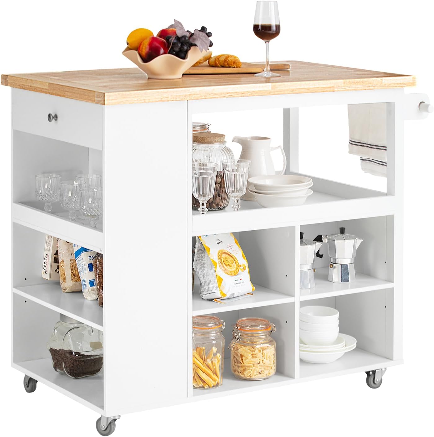 SoBuy FKW97-WN, Kitchen Storage Trolley Kitchen Cabinet Cupboard Sideboard Kitchen Island with Rubber Wood Worktop.