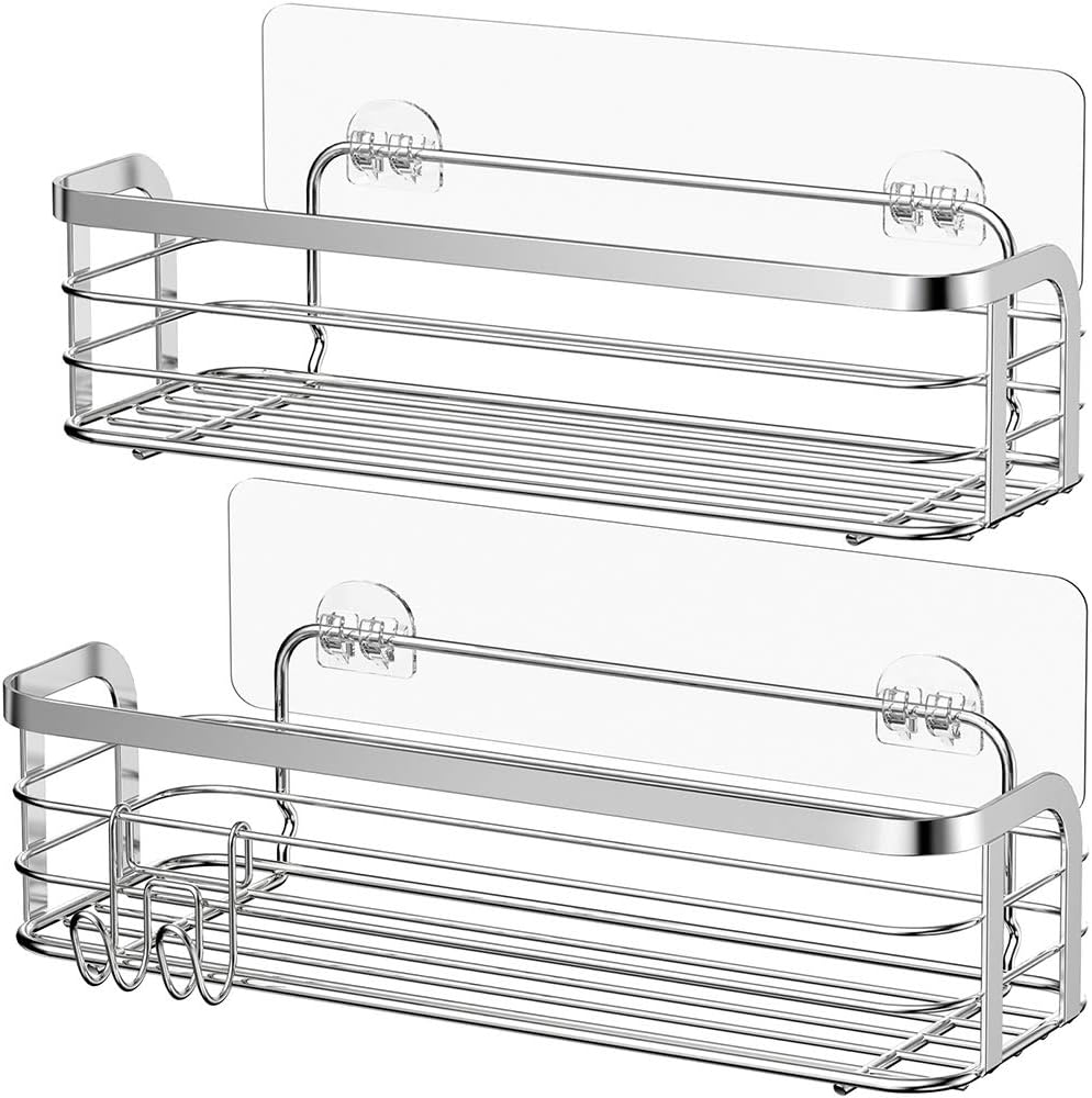 Avoalre Shower Caddy Adhesive 2 Pack With Hook Rustproof Shower Shelf Stainless Steel SUS304 Bathroom Shower Organiser Storage Basket Wall Mounted Shower Storage No Drilling Silver.