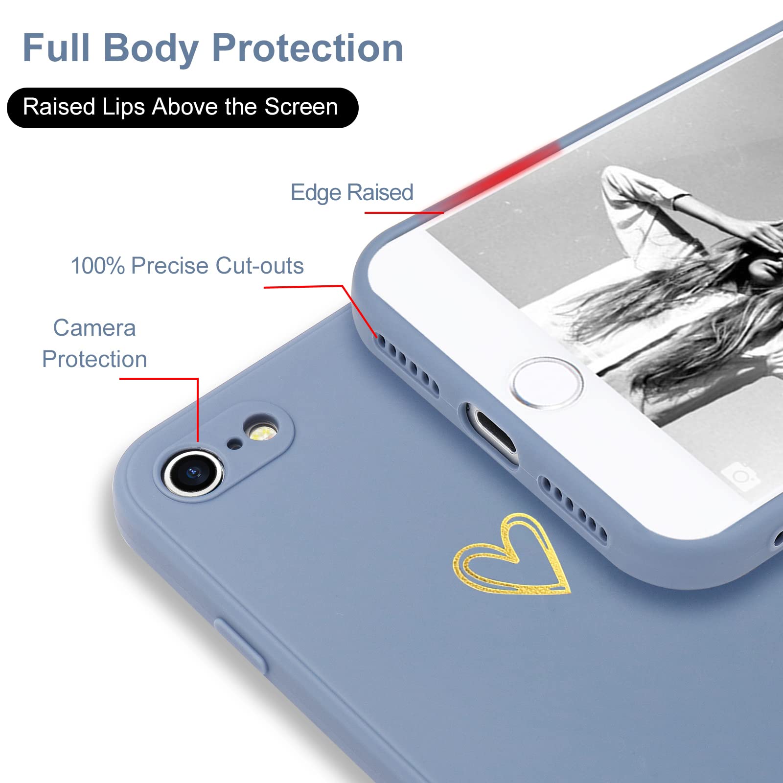 Wirvyuer Compatible with iPhone SE Case 2022/2020, iPhone 8 iPhone 7 Phone Case for Women Girls Silky Soft Protective Shockproof Silicone Phone Case with Cute Heart Pattern Design, Blue.