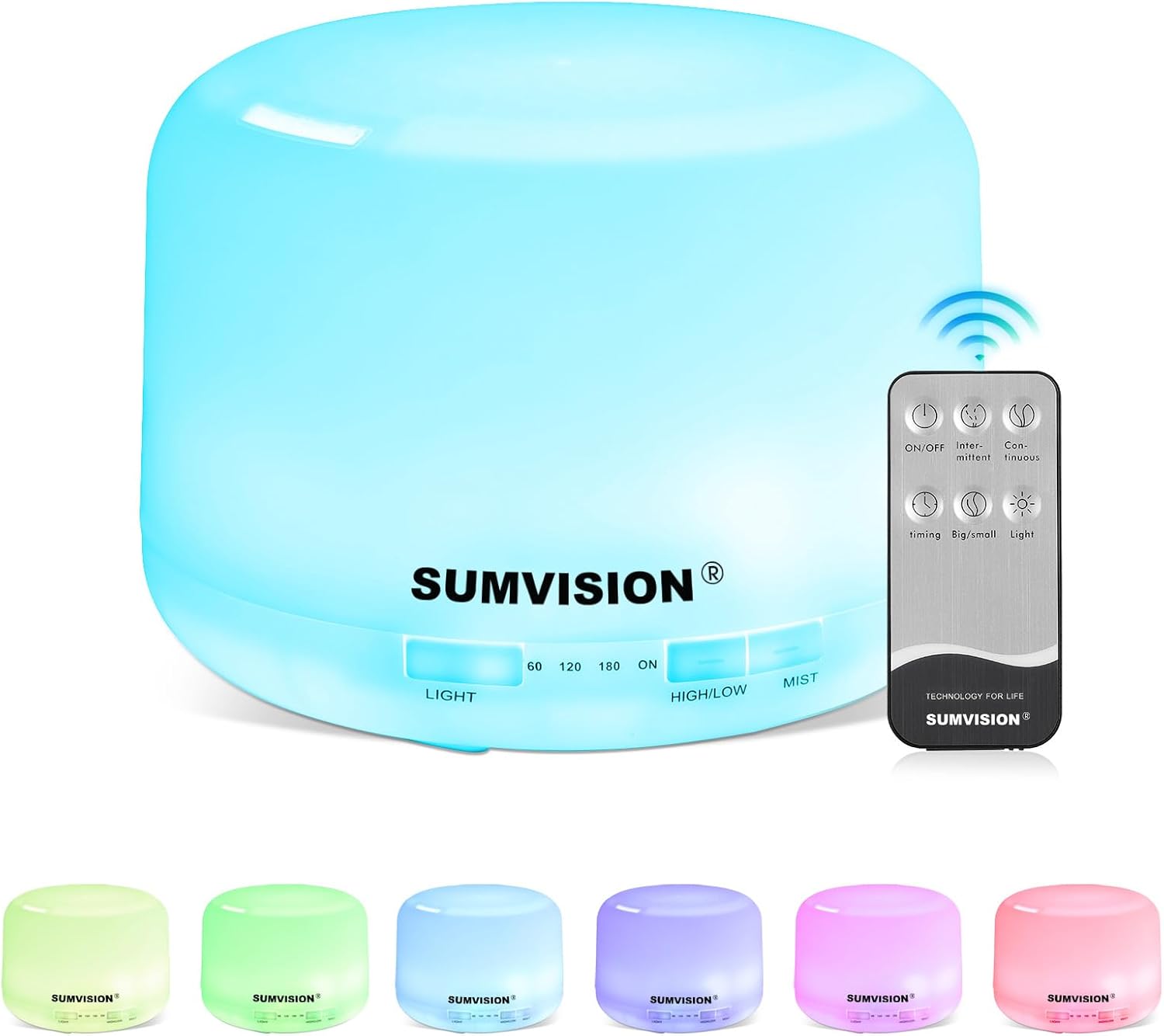 SUMVISION Diffuser Humidifier For Bedroom Electric Diffusers For Home Office 500ml Essential Oil LED Night Remote Control Leak Proof Auto Shutoff Aromatherapy BPA FREE (UK DESIGN FREE UK TECH SUPPORT).