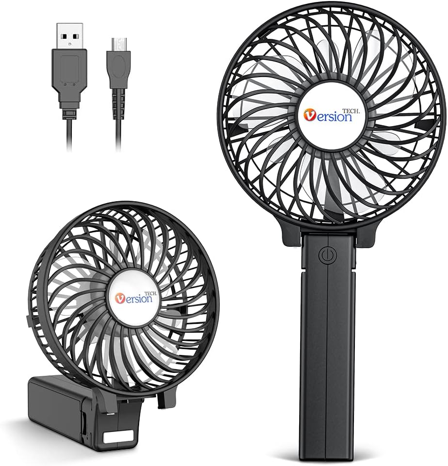 VersionTech Hand Held Fan,Portable Handheld USB Rechargeable Fans with 3 Speeds,Battery Operated Electric Powered Mini Foldable Desk Desktop Fans for Home Office Ceiling Travel Black.