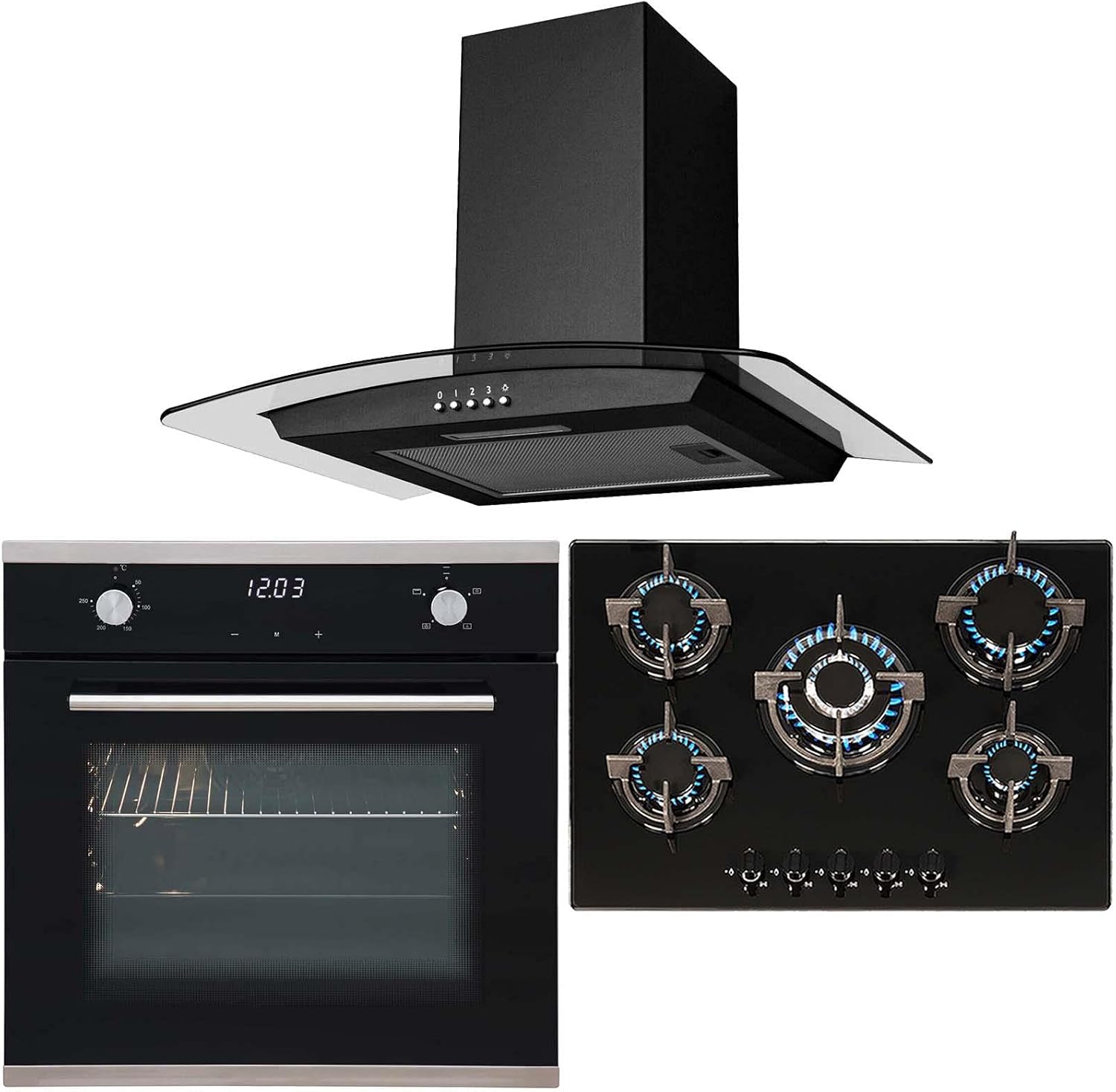 SIA Black Touch Control Single Oven, 70cm 5 Burner Gas Hob & Curved Cooker Hood.