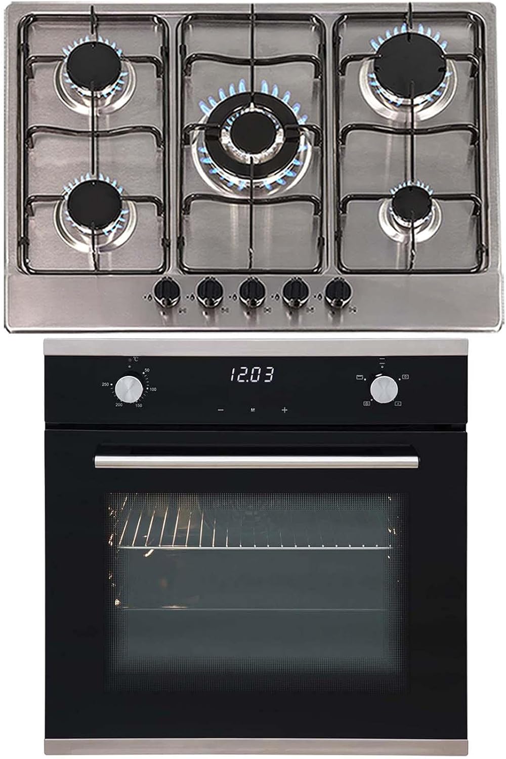 SIA 60cm Black Touch Control Single Oven & 70cm Stainless Steel 5 Burner Gas Hob.