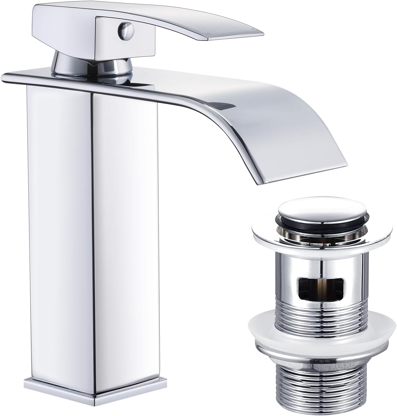 Wasserrhythm Basin Taps Mixers with Pop up Waste Waterfall Square Bathroom Sink Taps Chrome Brass with UK Standard Hoses Mono Modern.