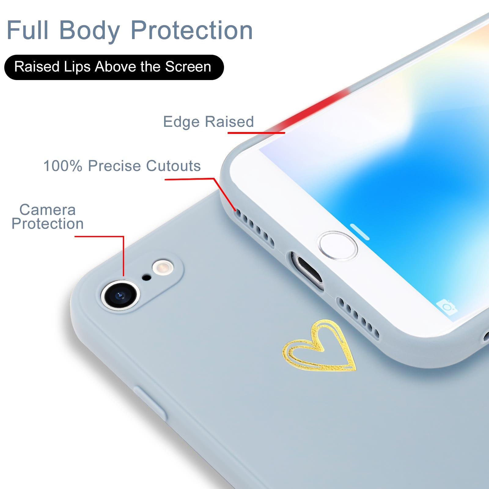 Wirvyuer Compatible with iPhone SE Case 2022/2020, iPhone 8 iPhone 7 Phone Case for Women Girls Silky Soft Protective Shockproof Silicone Phone Case with Cute Heart Pattern Design, Blue.