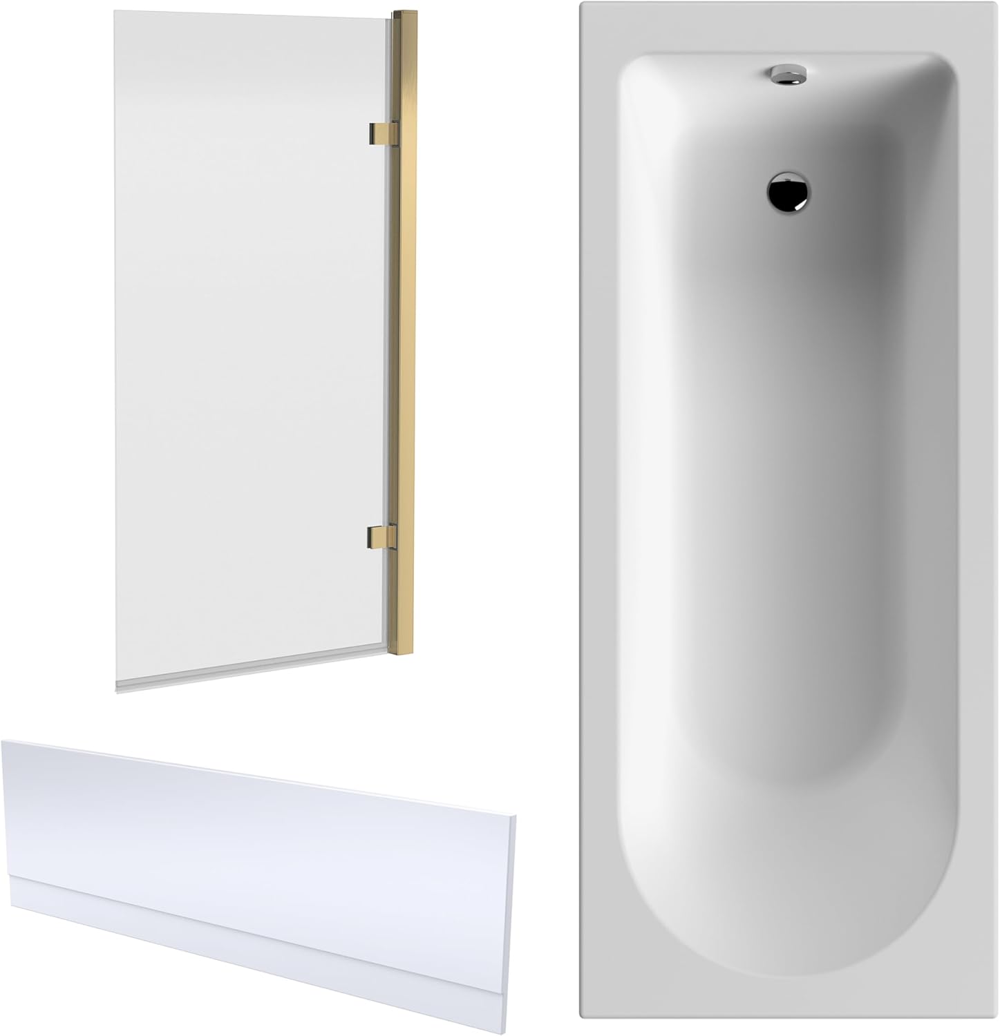 Shower Bath Bundle Single End Round Tub, Front Panel & Square Hinged Bath Screen, 1700mm x 700mm, Brushed Brass.