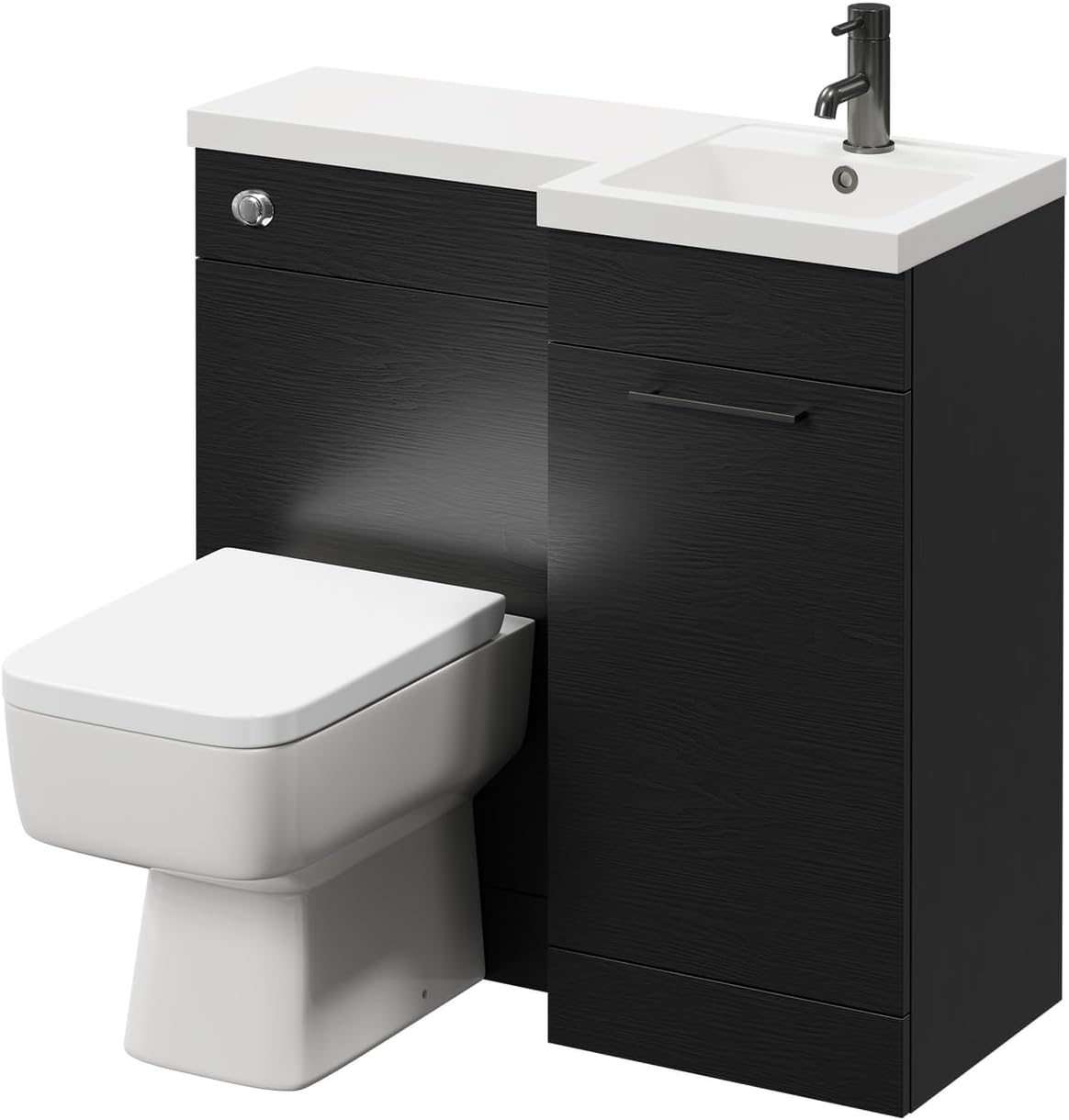 Napoli Combination Nero Oak 900mm Vanity Unit Toilet Suite with Right Hand L Shaped 1 Tap Hole Basin and Single Door with Gunmetal Grey Handle.