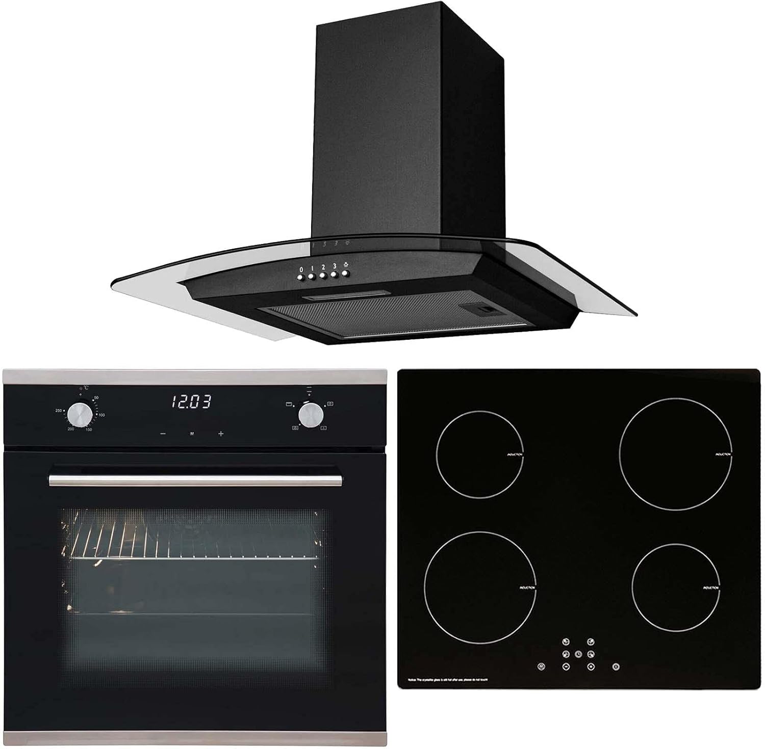 SIA 60cm Black Touch Control Single Oven, 4 Zone Induction Hob & Curved Hood Fan.