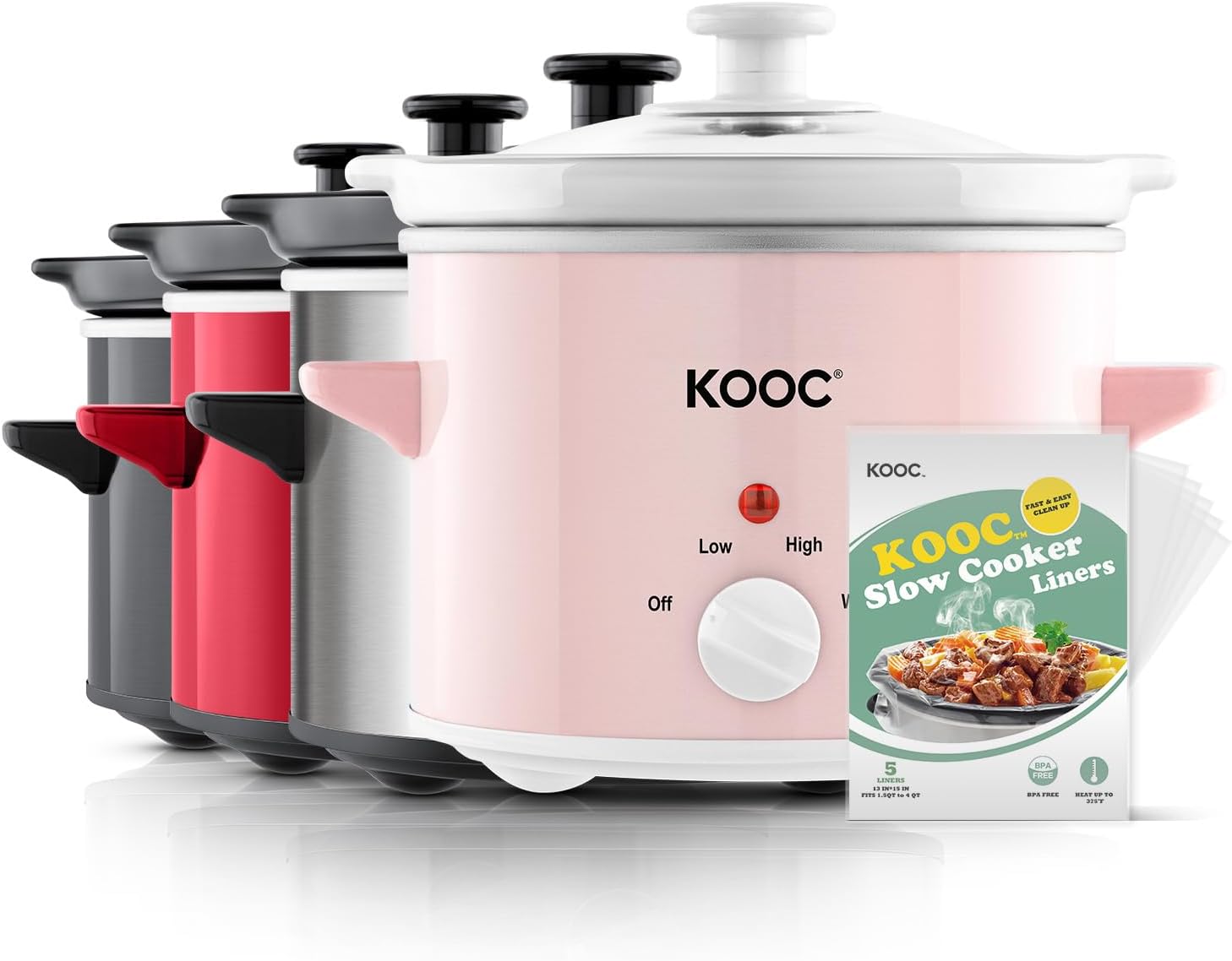 KOOC Slow Cooker,2-Quart, Free Liners Included for Easy Clean-up, Adjustable Temp, Nutrient Loss Reduction, Stainless Steel, Pink, Round.