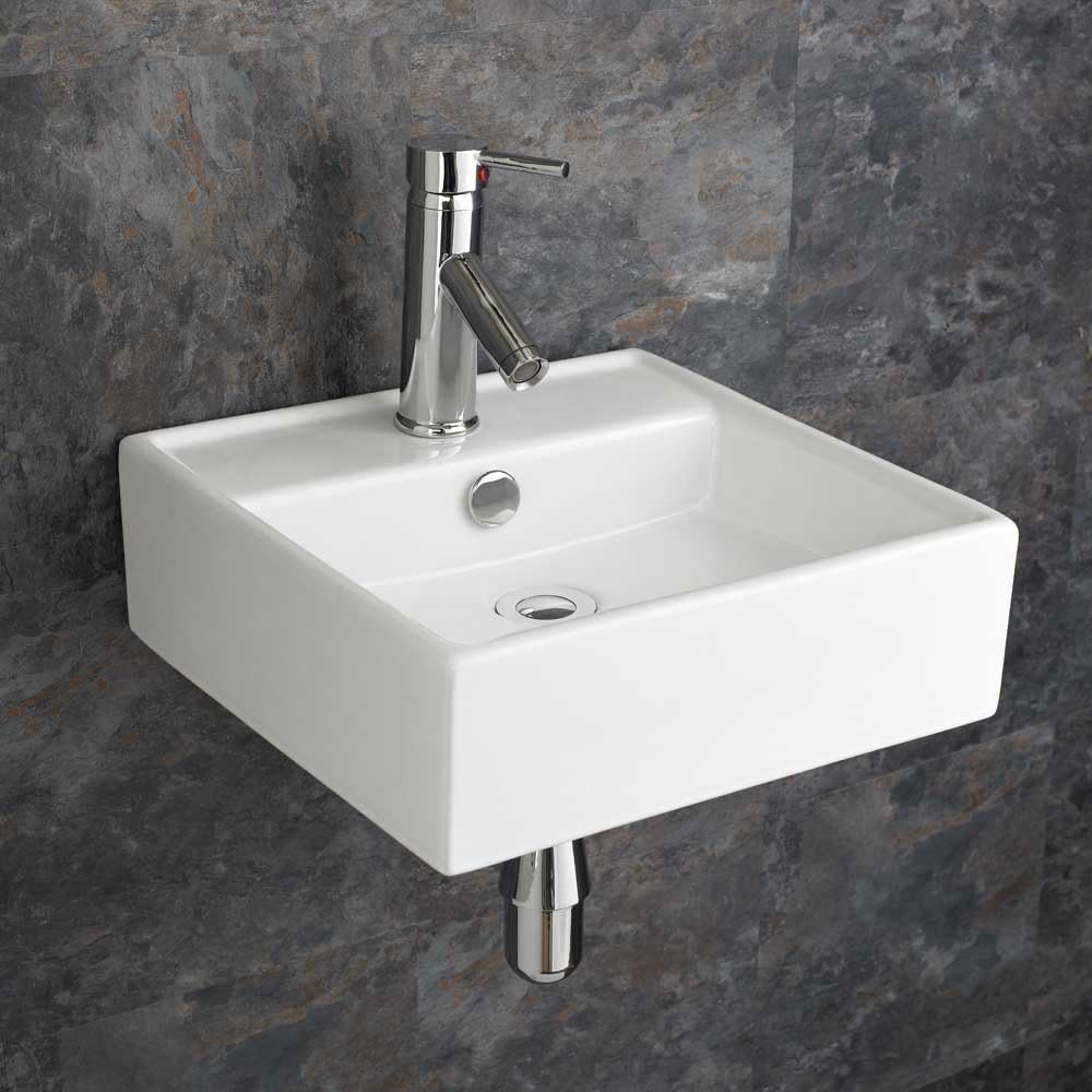 Clickbasin Small Square Cloakroom Basin | White Durable Ceramic Sink | Square 38cm Sink which can be Wall Hung or Counter Mounted | Tivoli.