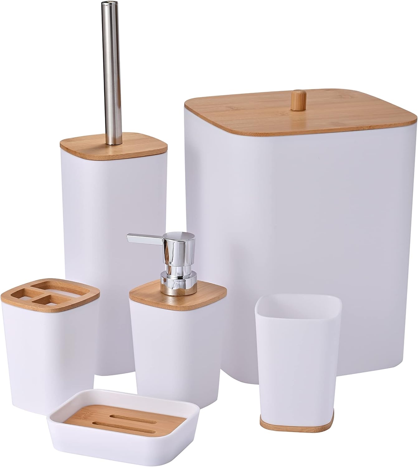 Yorkmills 6 Pieces Bamboo Bathroom Accessories set, Bathroom Accessory set, Bathroom Bin Toilet Brush Set, Durable Toothbrush Holder Cup, Soap Dispenser With Pump, Soap Dish Holder, Modern Trash Can.