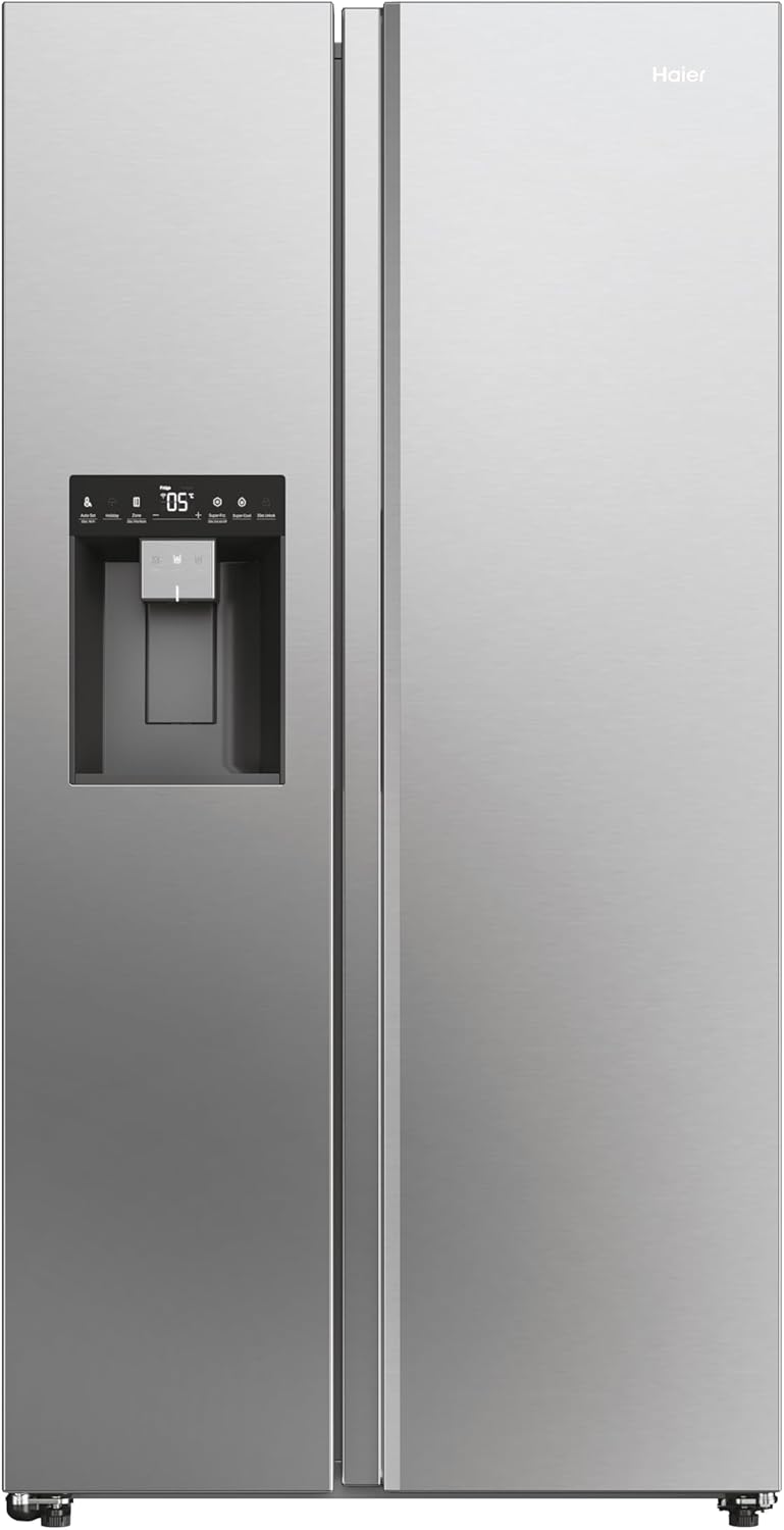 Haier HSR3918EWPG Freestanding American Style Side By Side Fridge Freezer with Non-Plumbed Water Dispenser, 521L Capacity, A++ (E) Energy Rated - Silver.