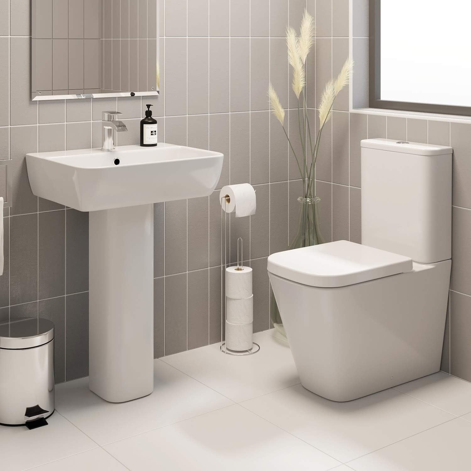 Affine Bathroom Cloakroom Suite Toilet WC Basin Full Pedestal Modern White Gloss.