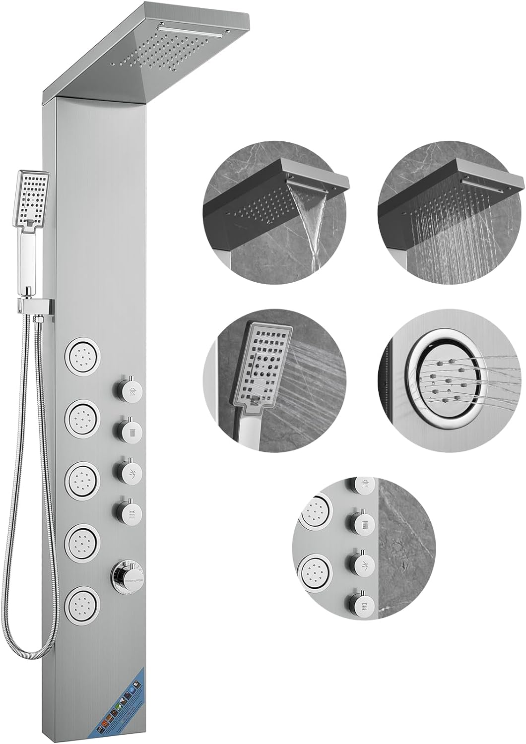 VEVOR Shower Panel System, 4 Shower Modes Shower Panel Tower, Rainfall, Waterfall, 5 Full Body Massage Jets and 3-Setting Handheld Shower Head with 59" Hose, Stainless Steel Wall-Mounted Shower Set.