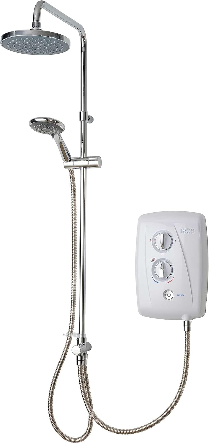 Triton Showers T80 Easi Fit Plus DuElec™ | Shower Electric | 9.5 KW I White I Electrical Showers | with Rainfall Showerhead and Anti Twist Hose | Best Electric Shower Units for Bathrooms.