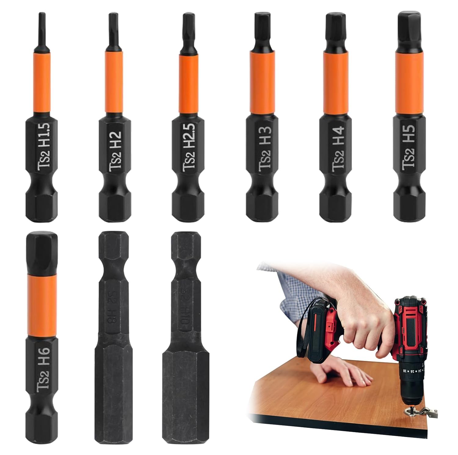 9 Pcs Magnetic Allen Key Drill Bit Set, H1.5-H10 50mm Metric Inner Impact Driver Hex Head with 1/4 Inch Hexagon Shank S2 Steel Wrench Screwdriver Accessories Kit for Electric Manual Screwdrivers.