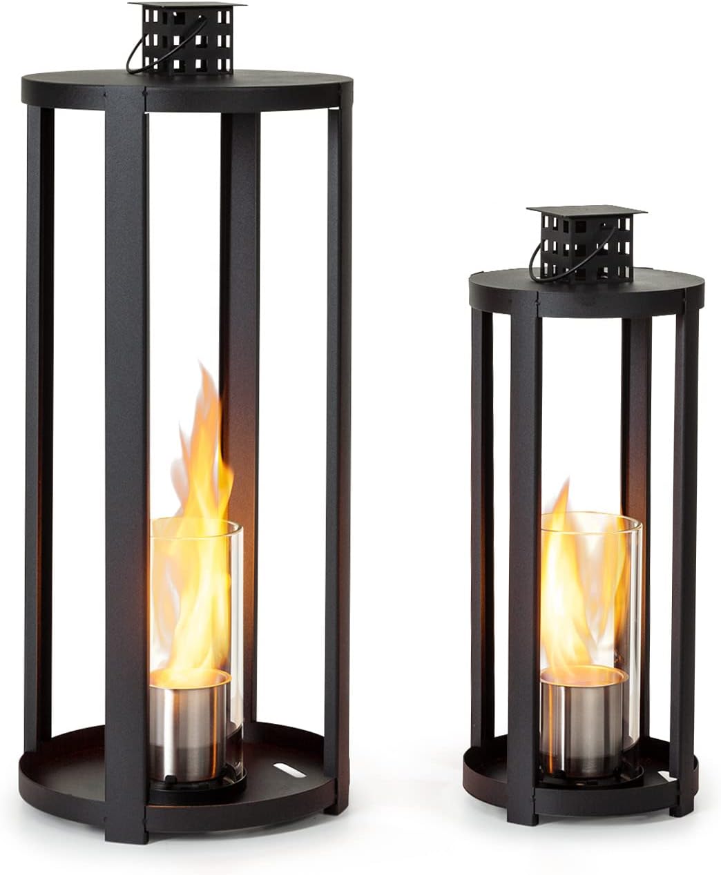 Blumfeldt Fiamme Cilindro Ethanol Lantern 2-pc Set - Steel Burners with 0.3 L Volume each, burns for up to 4 hours, burns without odour or residue, extinguishing tool, Black.