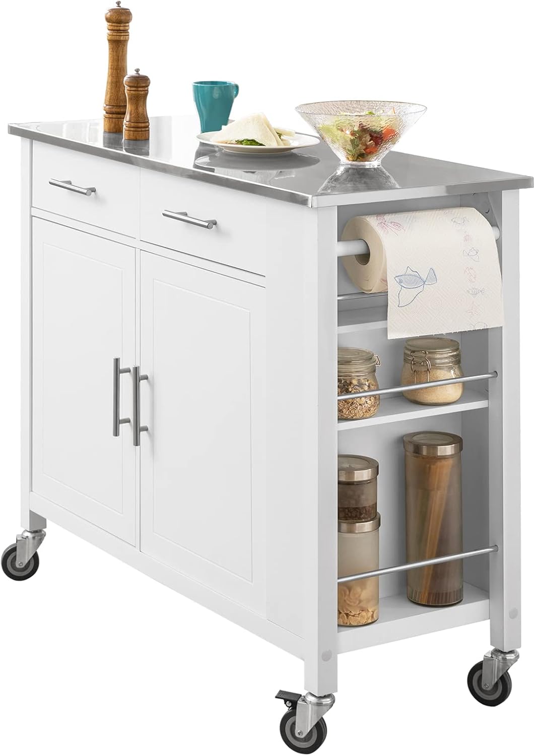 SoBuy FKW108-W, Kitchen Storage Trolley Cart with Stainless Steel Worktop, Kitchen Island Kitchen Cabinet Cupboard Sideboard on Wheels.