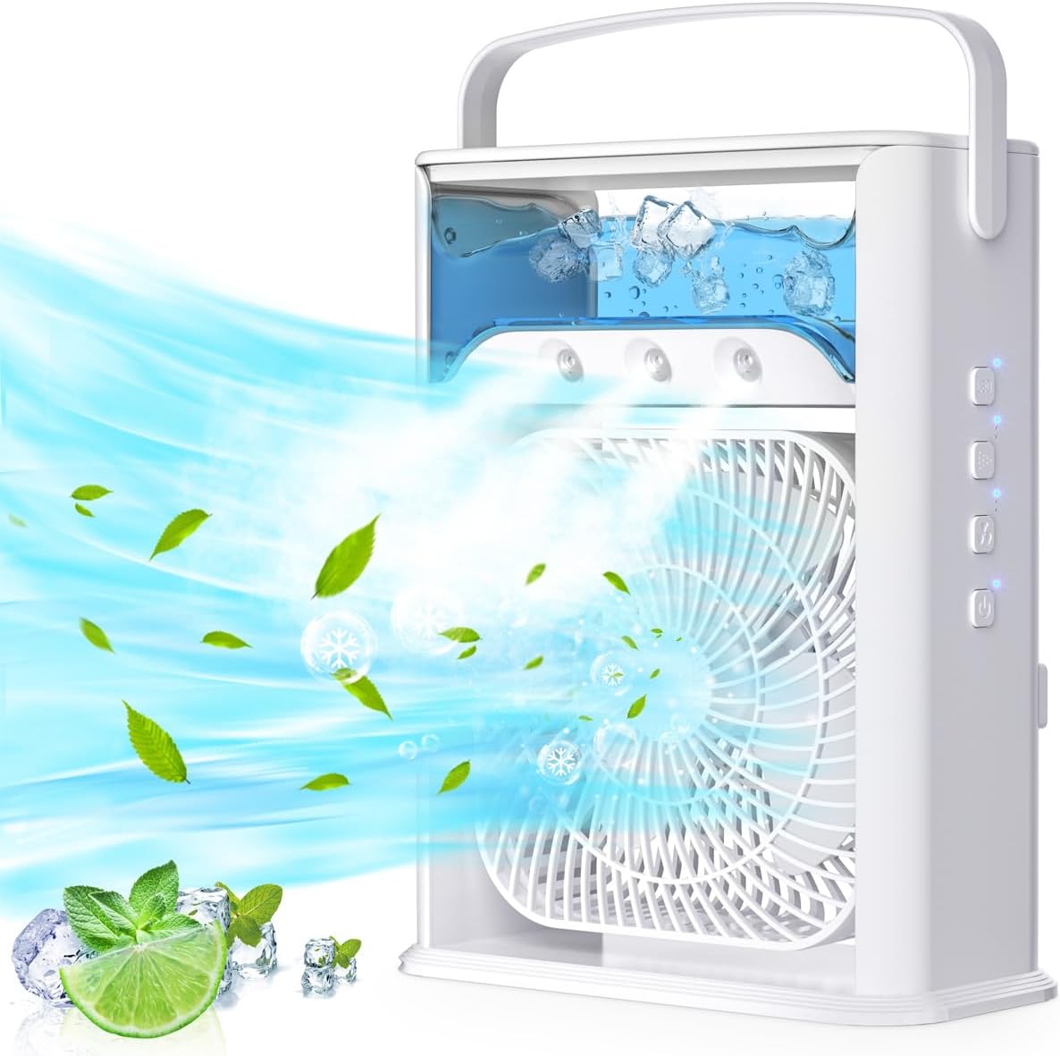 Portable Air Conditioner, Air Cooler Mini Cooling Fan, All-in-1 USB Desk Cooling Fan with 7 LED Lights Wind Speeds, 3 Spray Modes, Humidifier Fan for Home, Office, Bedroom, Car.