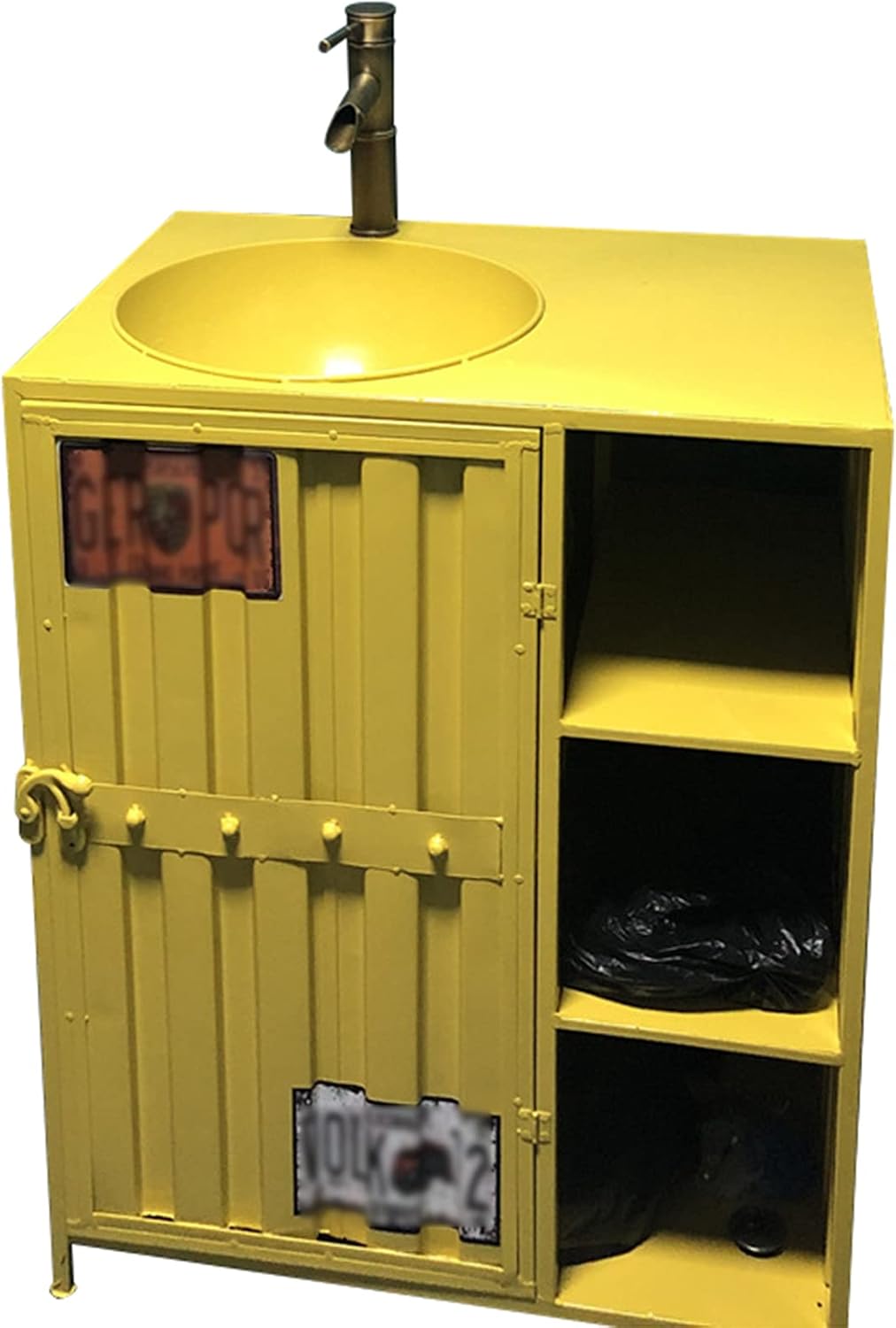 Industrial Style Vanity Unit with Basin, Modern Basin Cupboard with Faucet and Drain Free Standing Bathroom Storage Cabinet Under Sink 25.5 x 18 x 33.4in,Black,With mirror (Yellow Without mirror).