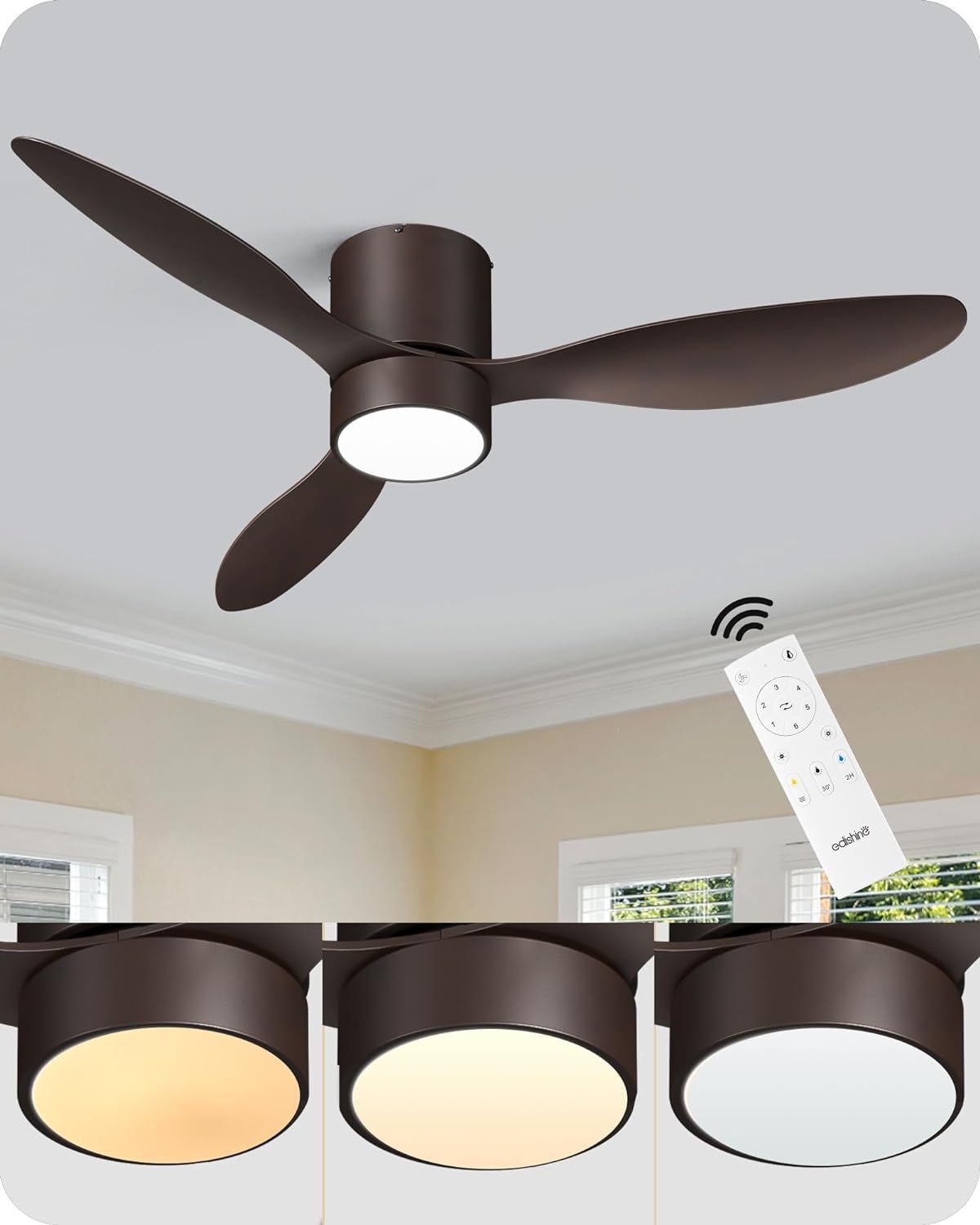 EDISHINE 52 Inch Ceiling Fans With Lights, Modern Ceiling Fans With Lights and Remote Control, Dimmable 3 Color Ceiling Fan, 6 Speeds Reversible DC Motor for Bedroom, Patio, Porch.