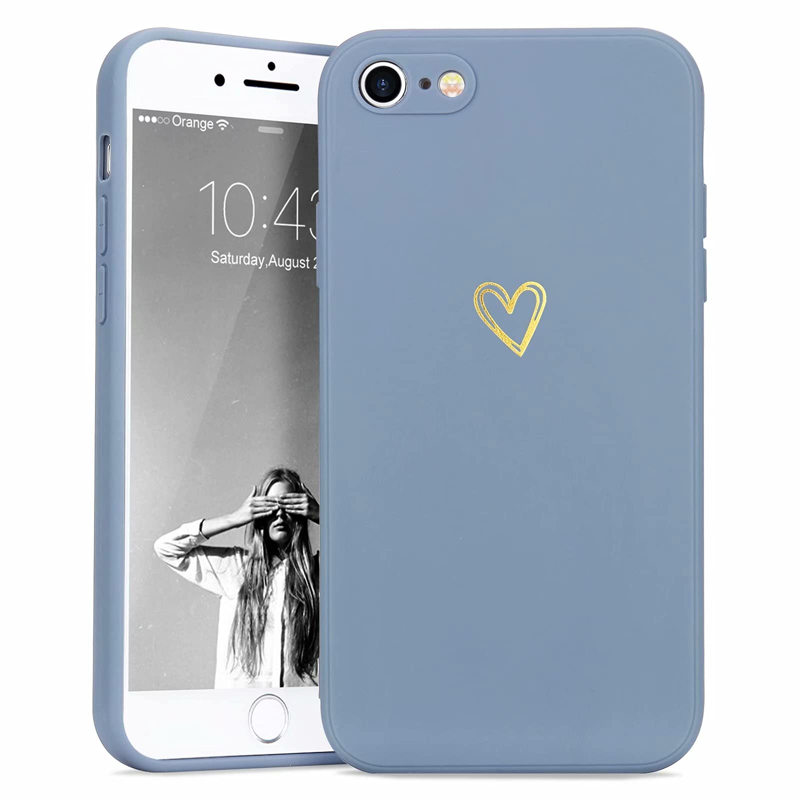 Wirvyuer Compatible with iPhone SE Case 2022/2020, iPhone 8 iPhone 7 Phone Case for Women Girls Silky Soft Protective Shockproof Silicone Phone Case with Cute Heart Pattern Design, Blue.