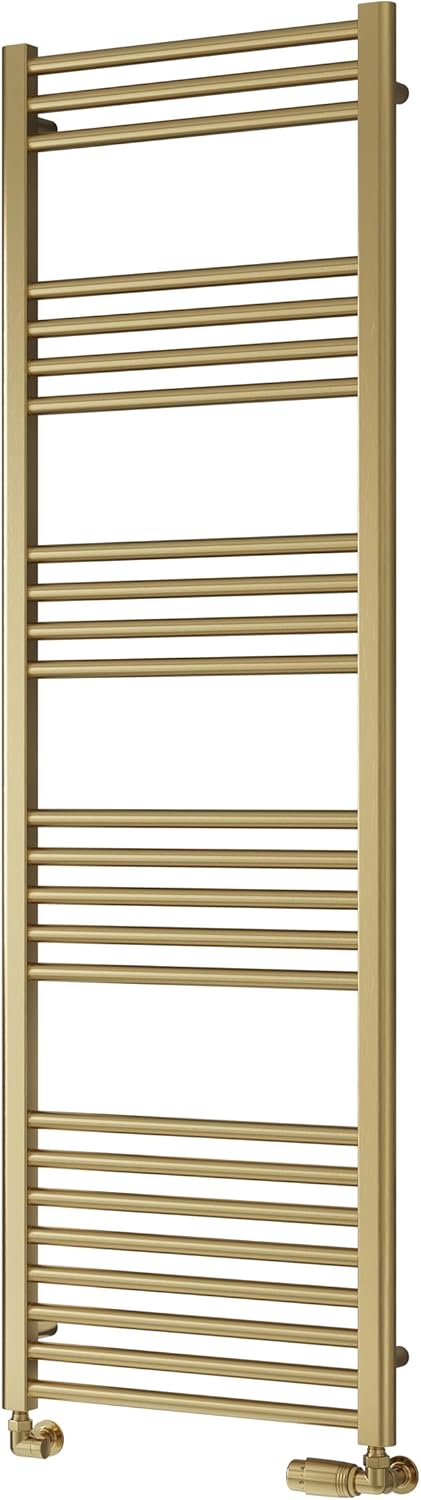 Reina Straight Heated Towel Rail Modern Ottone Wall Mounted Towel Radiator, Flat Central Heating Steel Ladder Brushed Brass Finish Bathroom Accessories Stratight Bath Towel Rack - 500mm x 1200mm.