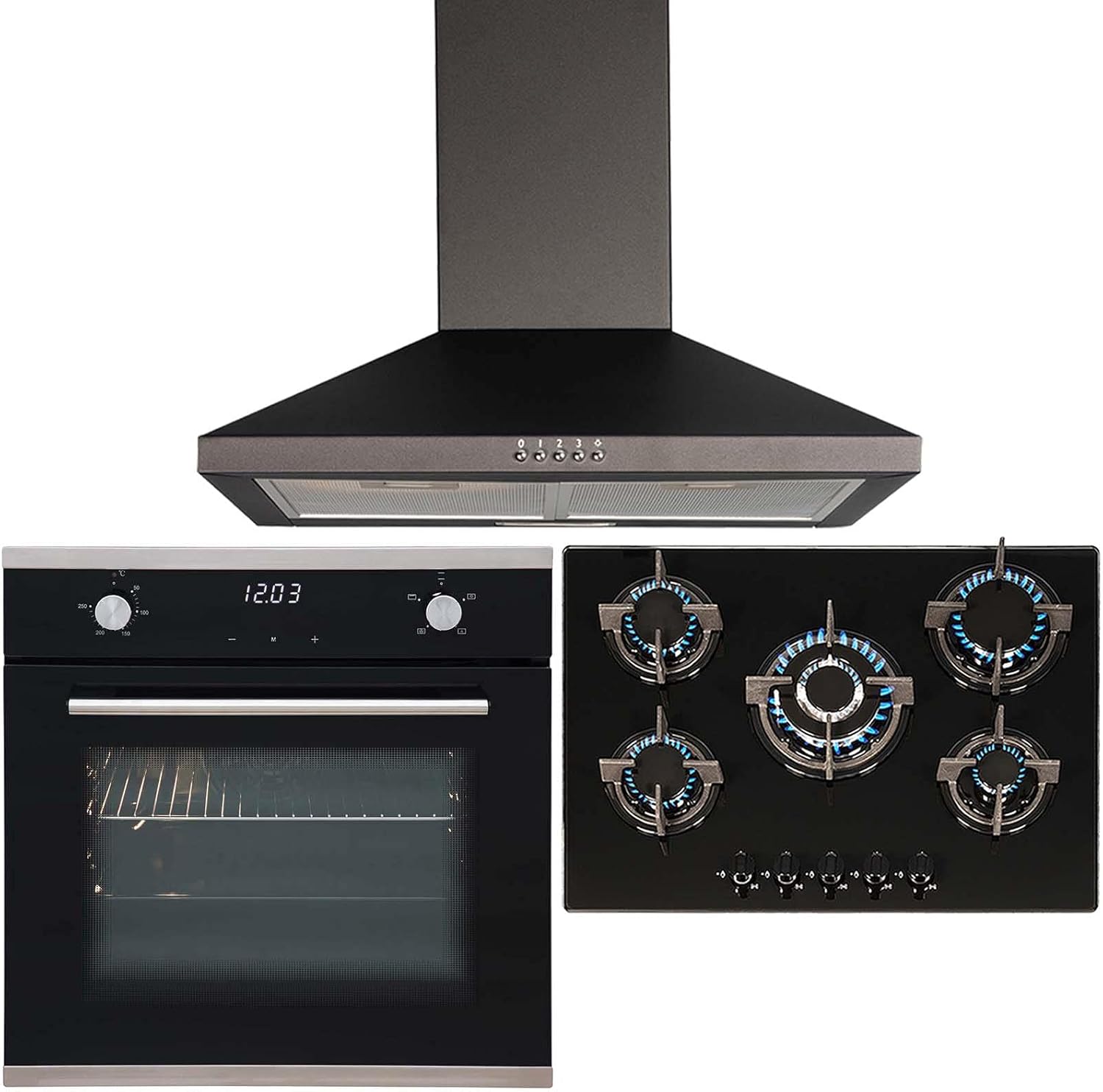 SIA Black Touch Control Single Oven, 5 Burner Gas Hob And Chimney Extractor Fan.