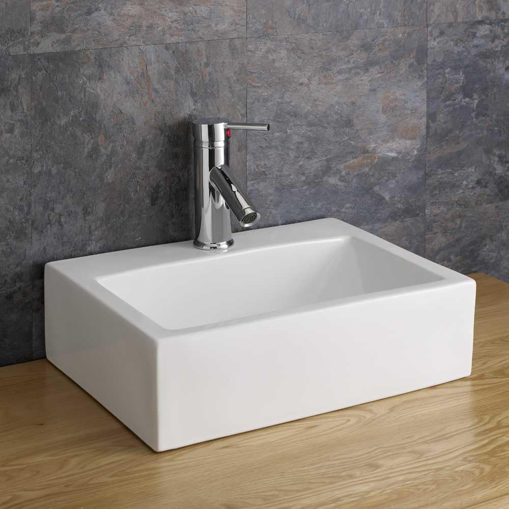 Clickbasin Rectangle White Ceramic Basin | Ideal for Small Bathroom or En-Suite 430mm by 325mm | Can be Wall Hung or Counter Mounted | Avoid Overspills with The Built in Overflow | Barletta.