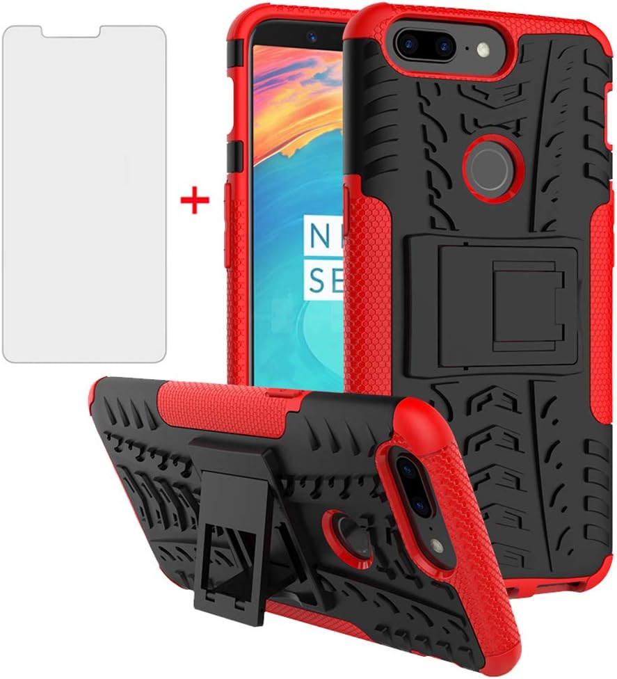 Phone Case for Oneplus 5T with Tempered Glass Screen Protector and Stand Kickstand Hard Rugged Hybrid Accessories Heavy Duty Shockproof Oneplus5T five T One plus5t 5tcase oneplus5tcase Girls Red