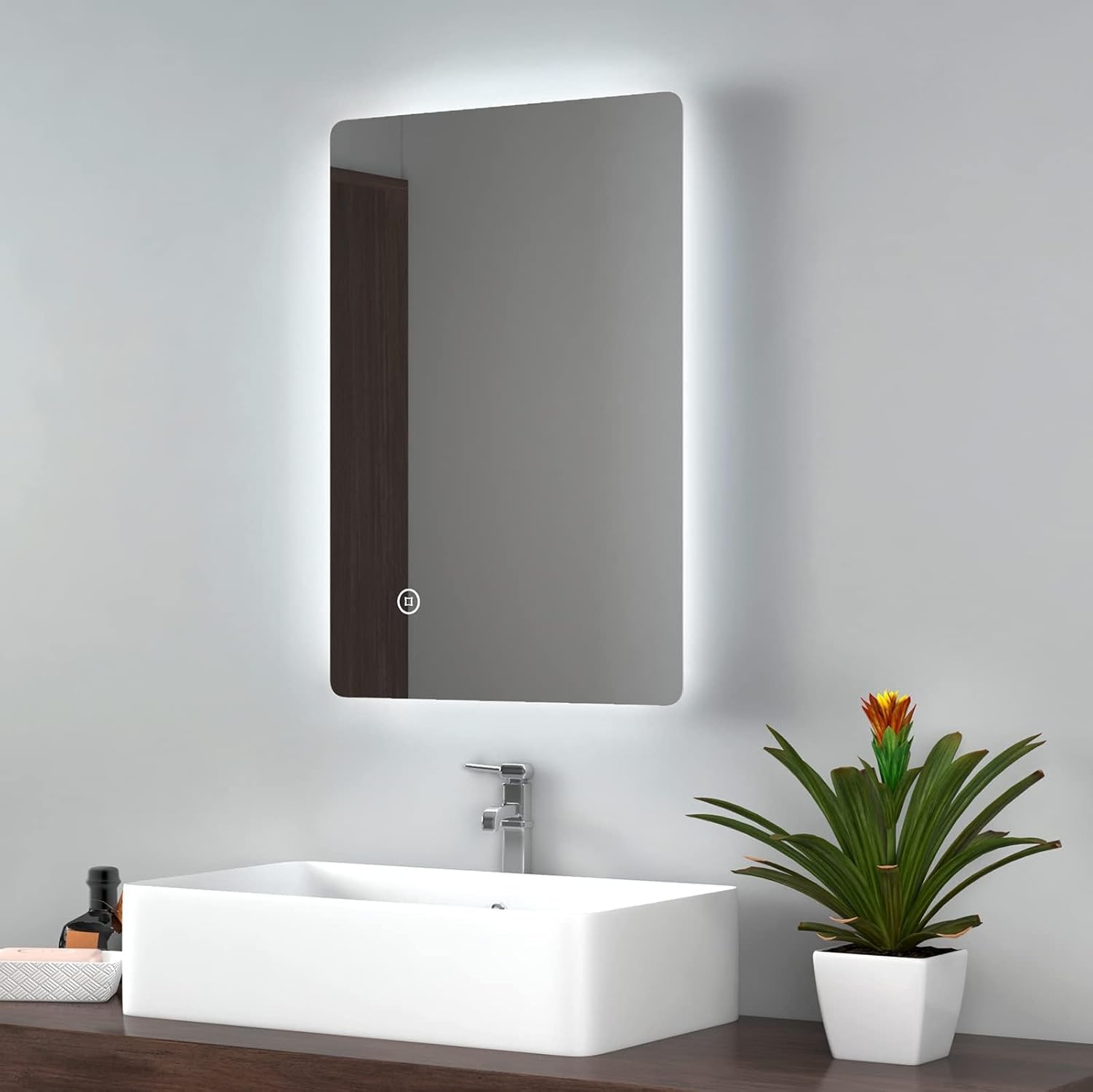 EMKE Backlit Illuminated Bathroom Mirror with Lights 800x600mm, Wall Mounted Multifunction LED Bathroom Vanity Mirror with LED Lights and Demister Pad.