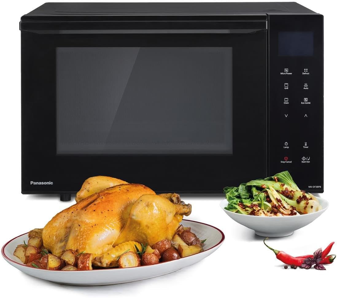 Panasonic NN-DF38PBBPQ Combination Microwave Oven & Grill, 1000W, 23L, Inverter Technology, Eco Combi Mode, Flatbed, 16 Auto Programmes & Defrost, Enamel Shelf Tray, Wire Rack, Easy Clean, Black.